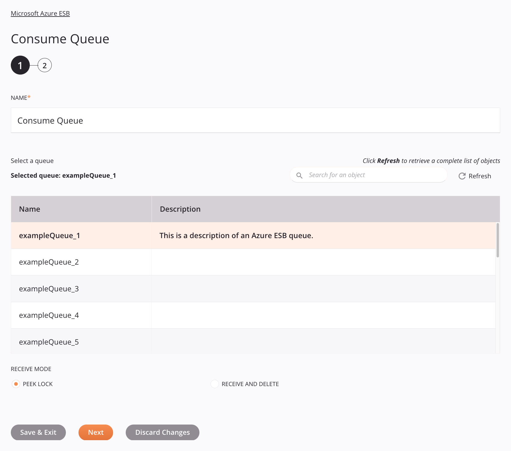 Microsoft Azure ESB Consume Queue activity configuration step 1