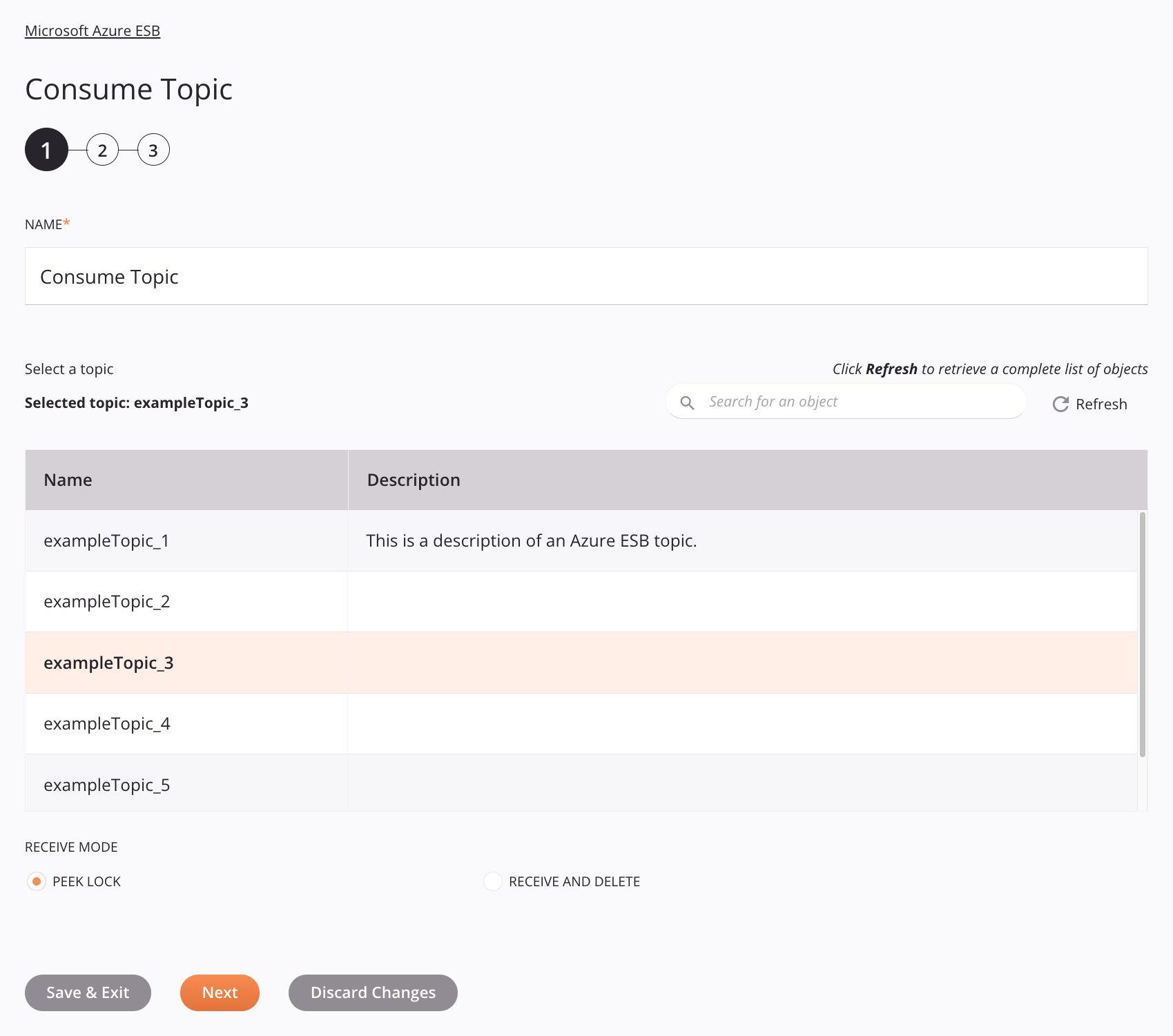 Paso 1 de configuración de actividad de tema de consumo de Microsoft Azure ESB