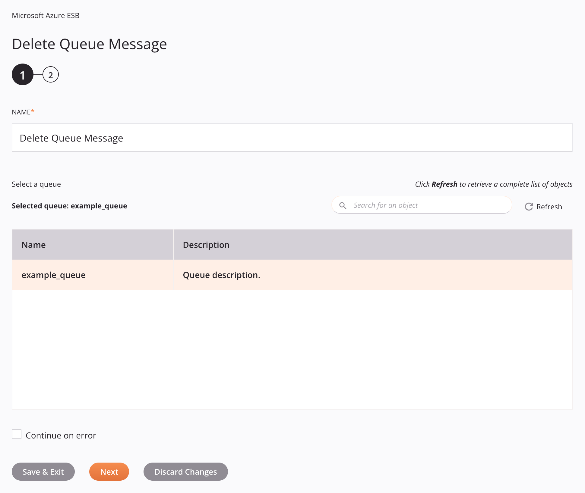 Microsoft Azure ESB Delete Queue Message activity configuration step 1