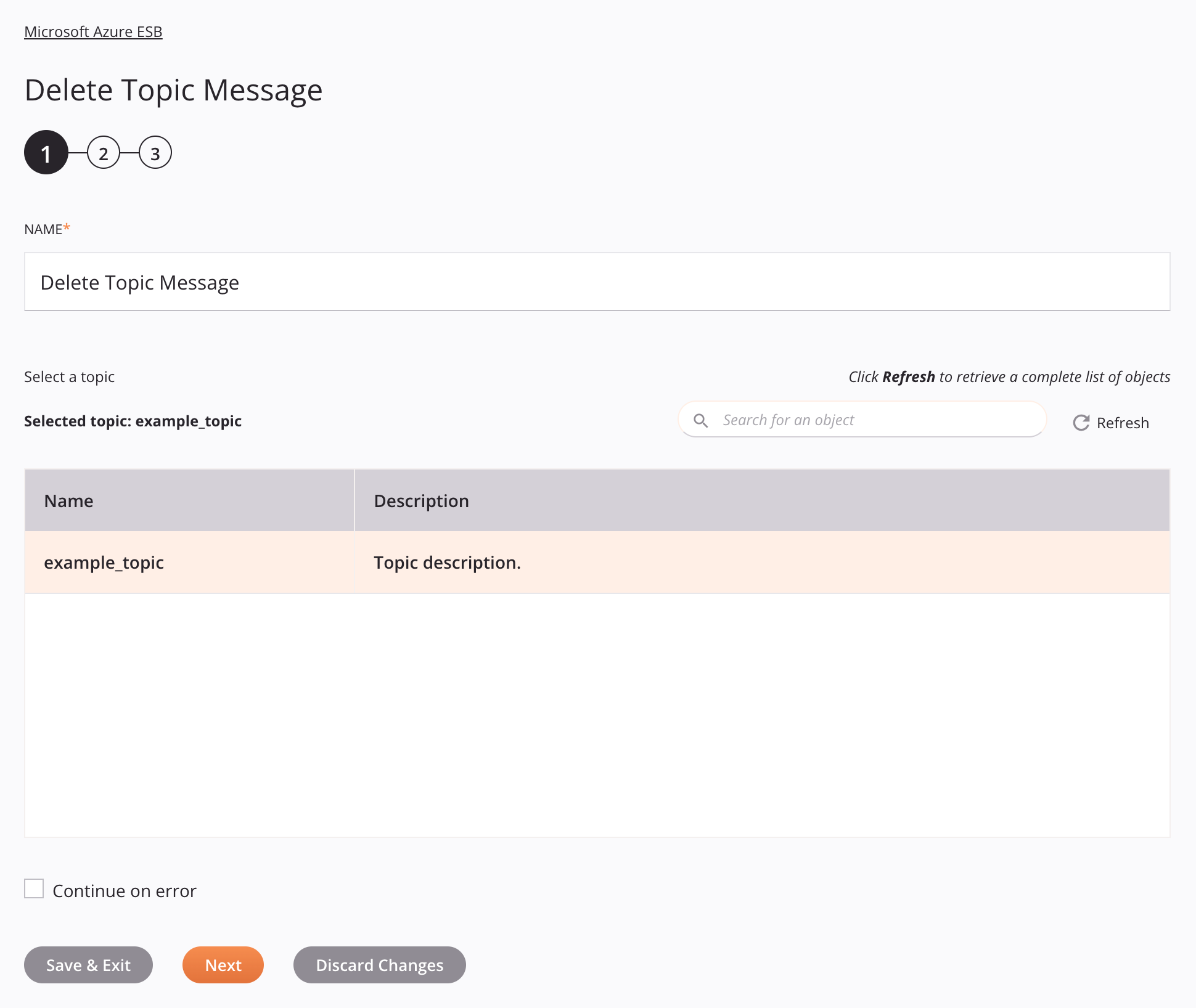 Microsoft Azure ESB Delete Topic Message activity configuration step 1