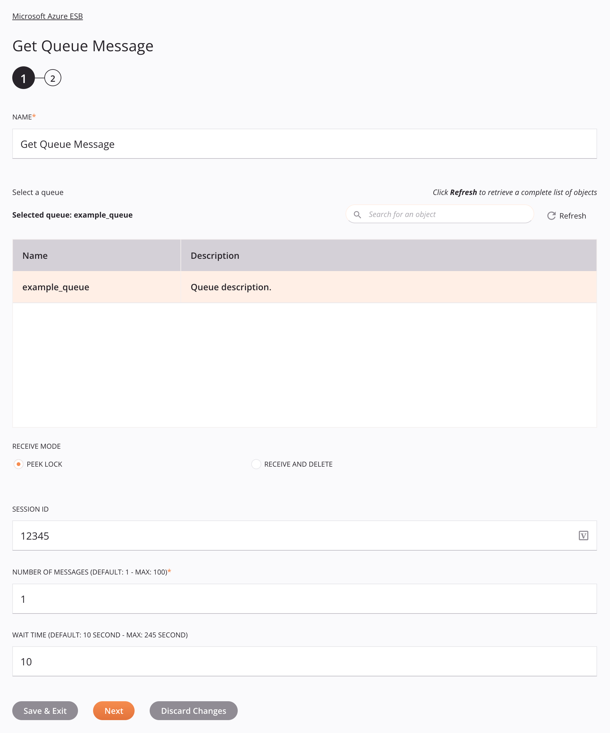 Microsoft Azure ESB Get Queue Message activity configuration step 1