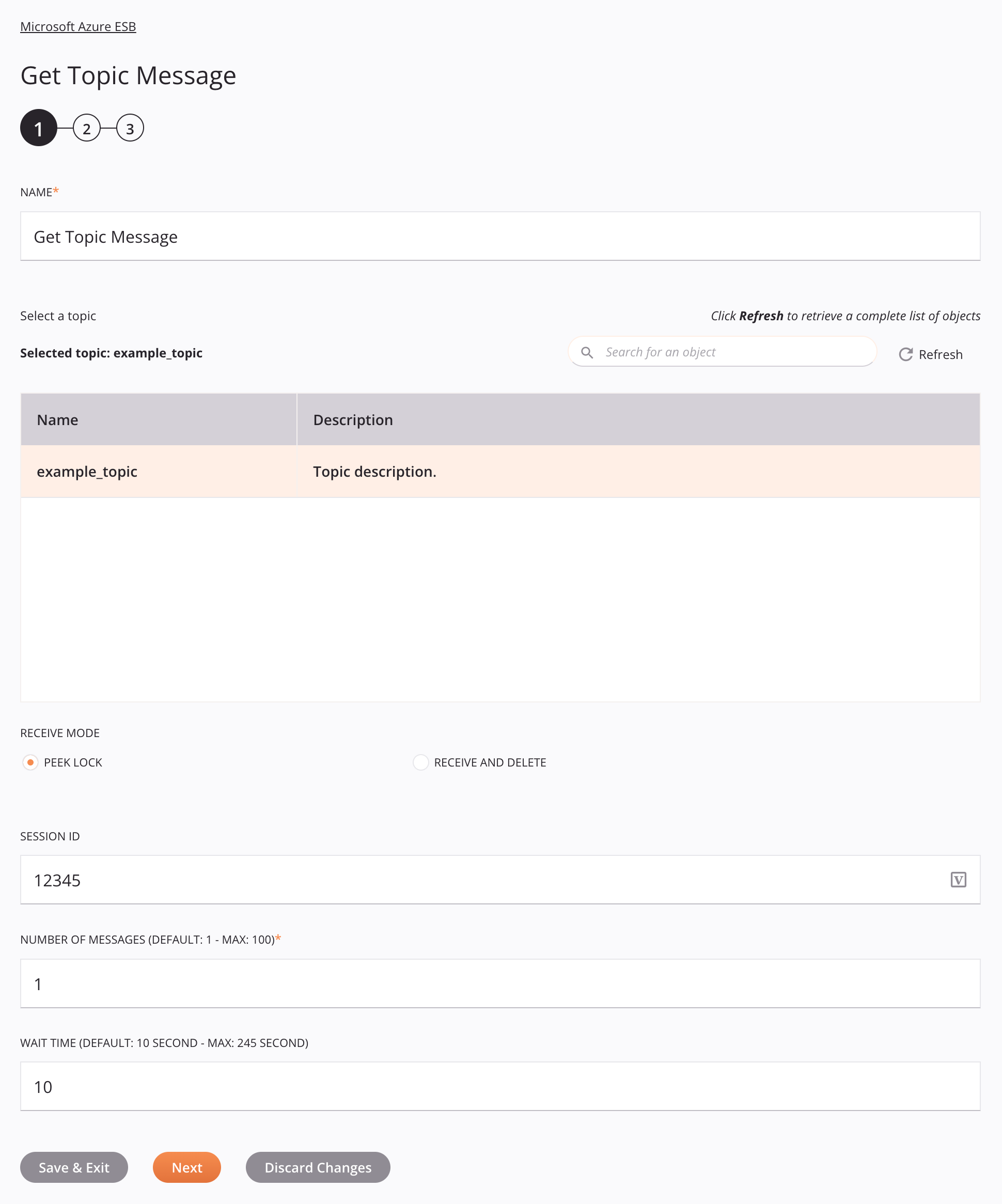 Microsoft Azure ESB Get Topic Message activity configuration step 1