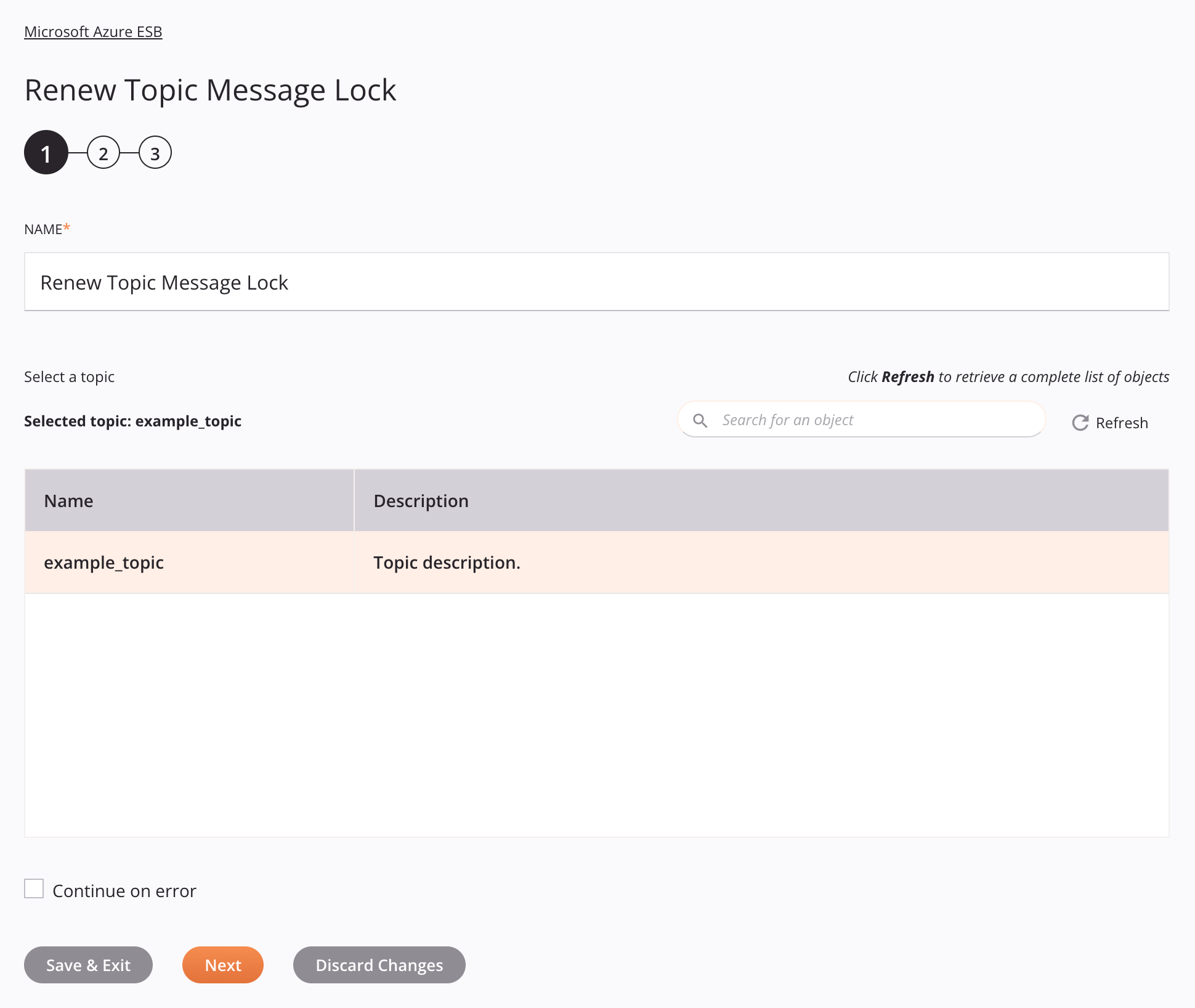 Etapa 1 da configuração da atividade de bloqueio de mensagens do tópico de renovação do Microsoft Azure ESB