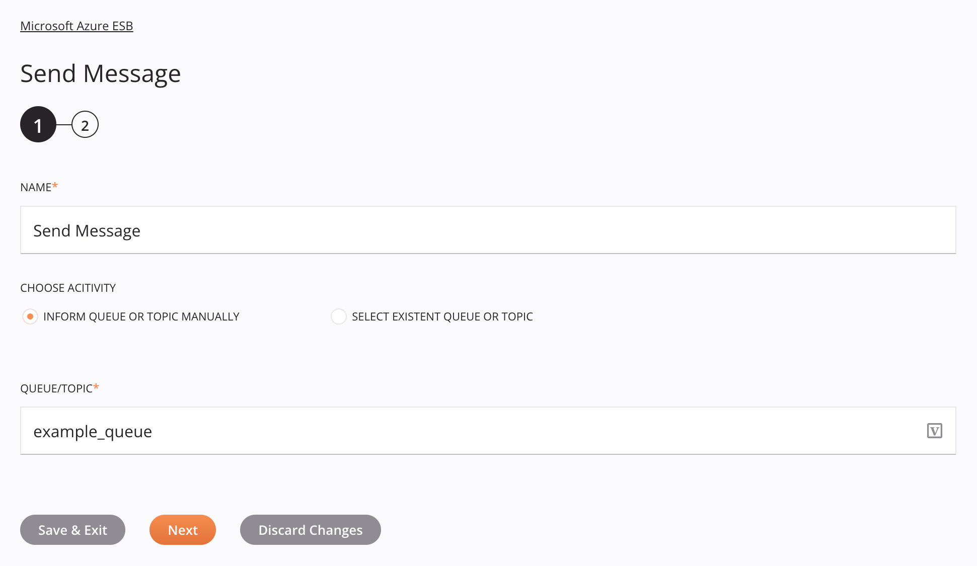 Microsoft Azure ESB Send Message activity configuration step 1