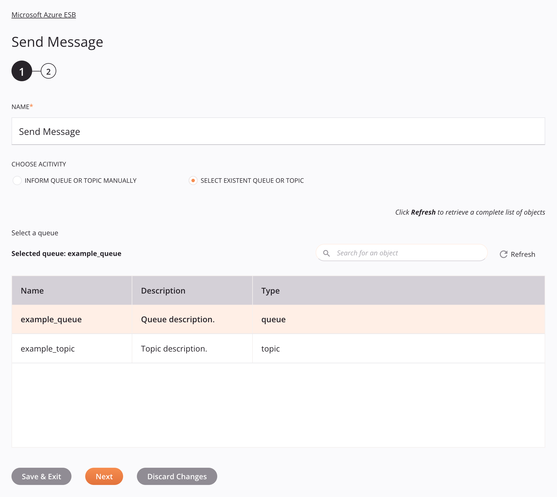 Paso 1b de configuración de la actividad de envío de mensajes de Microsoft Azure ESB