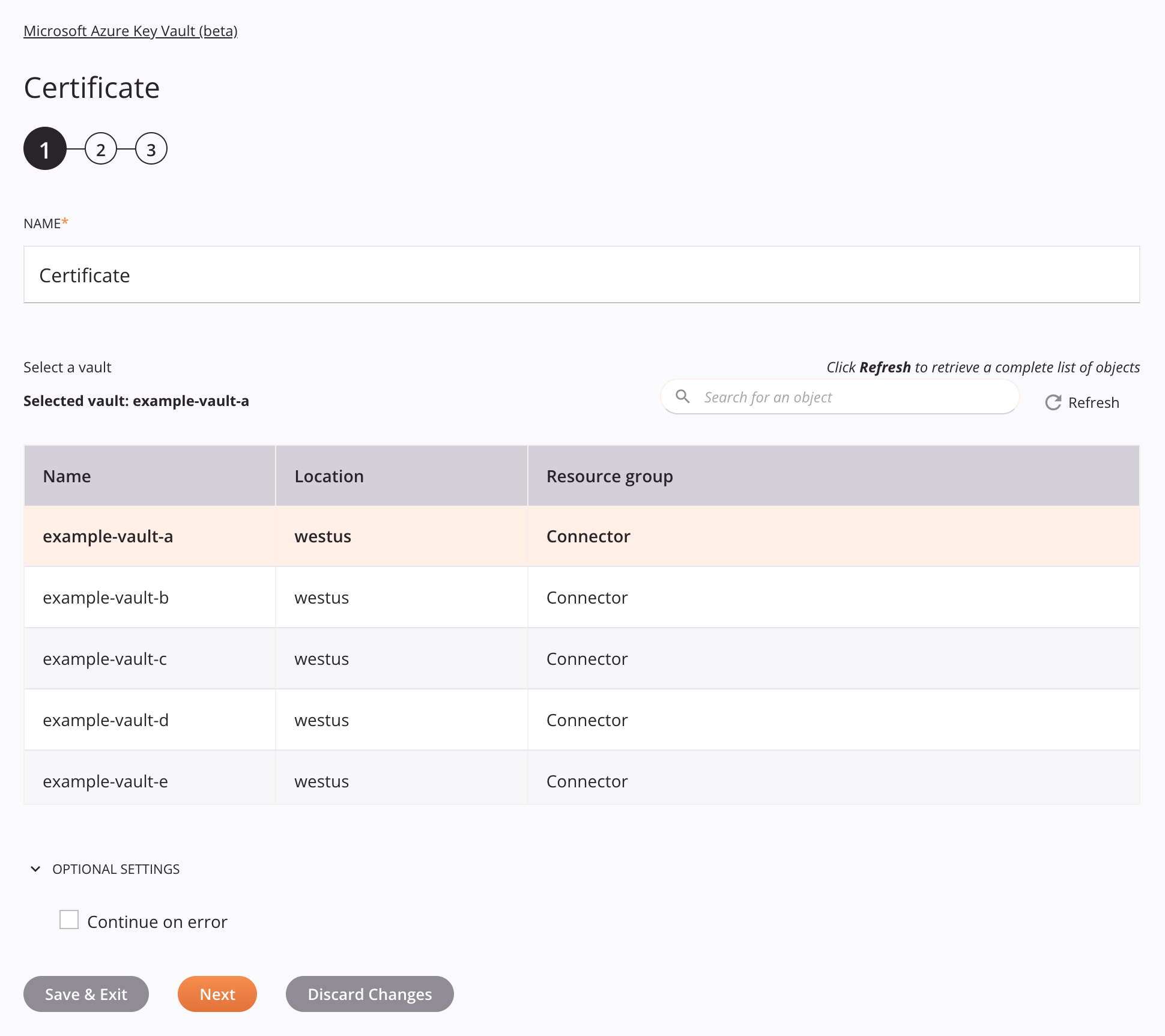 Paso 1 de la configuración de la actividad del certificado de Microsoft Azure Key Vault