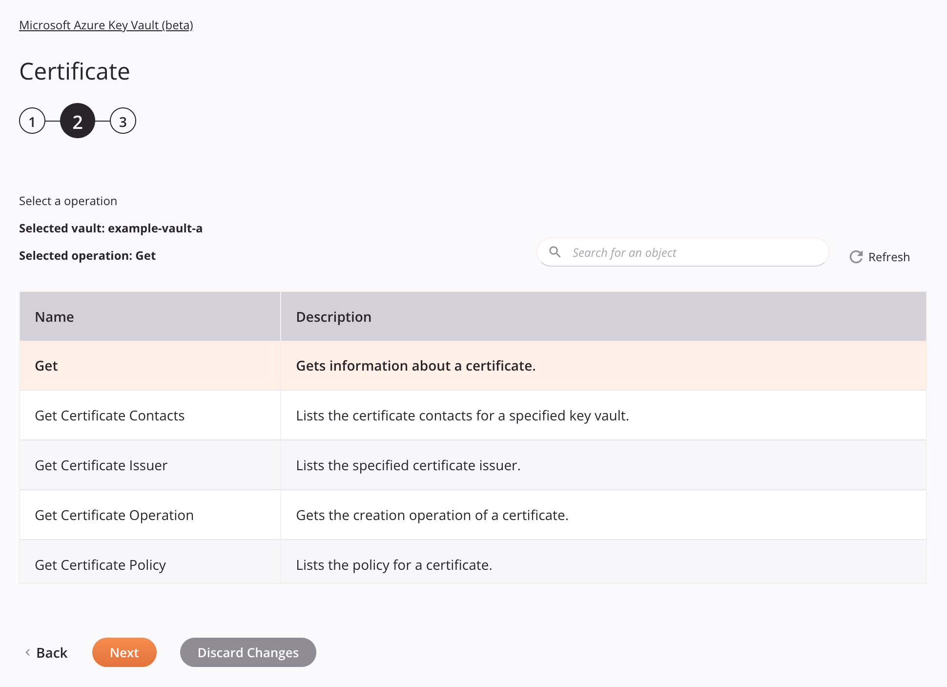 Paso 2 de configuración de la actividad del certificado de Microsoft Azure Key Vault