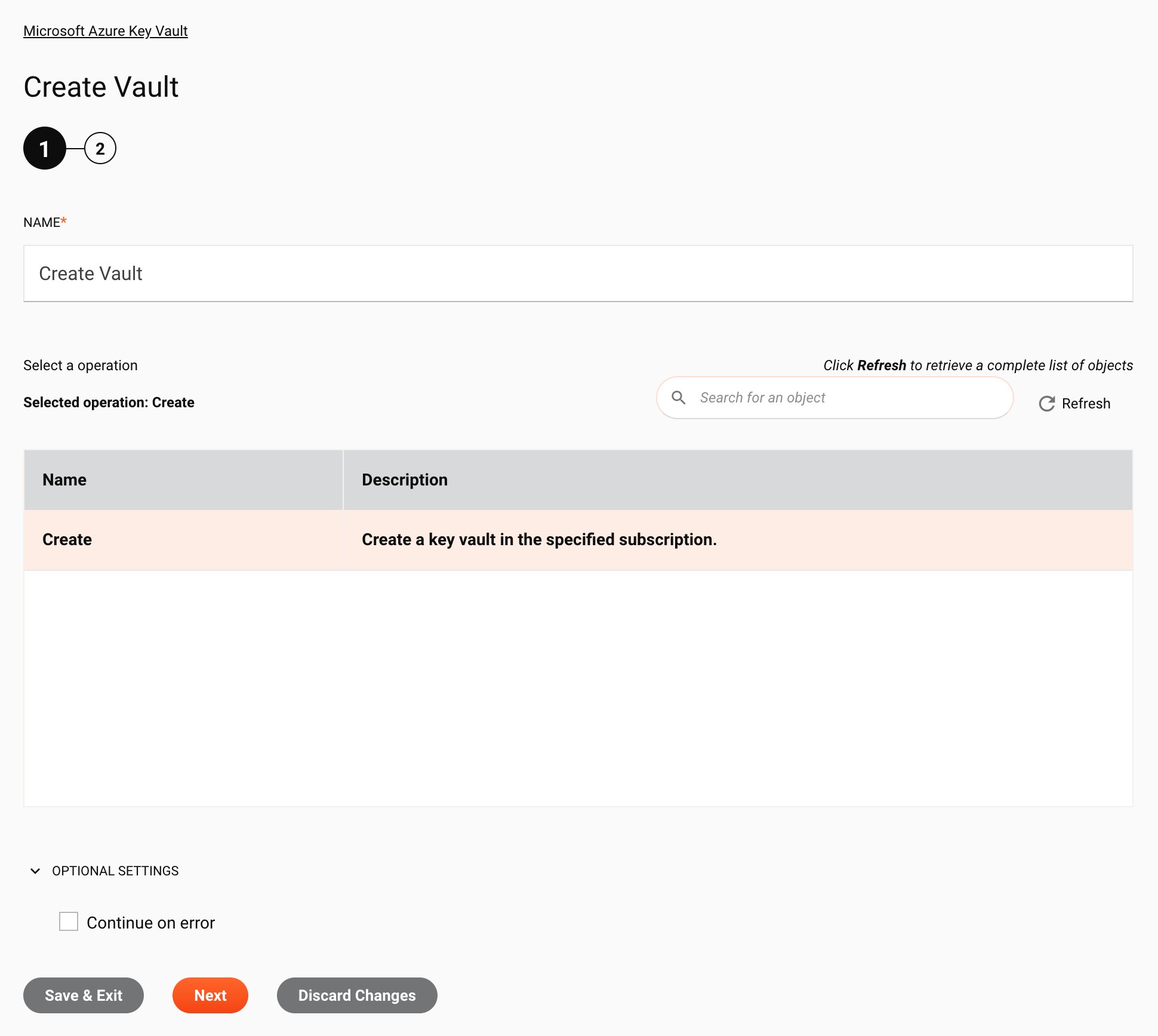 Paso 1 de la configuración de creación de almacén de claves de Microsoft Azure