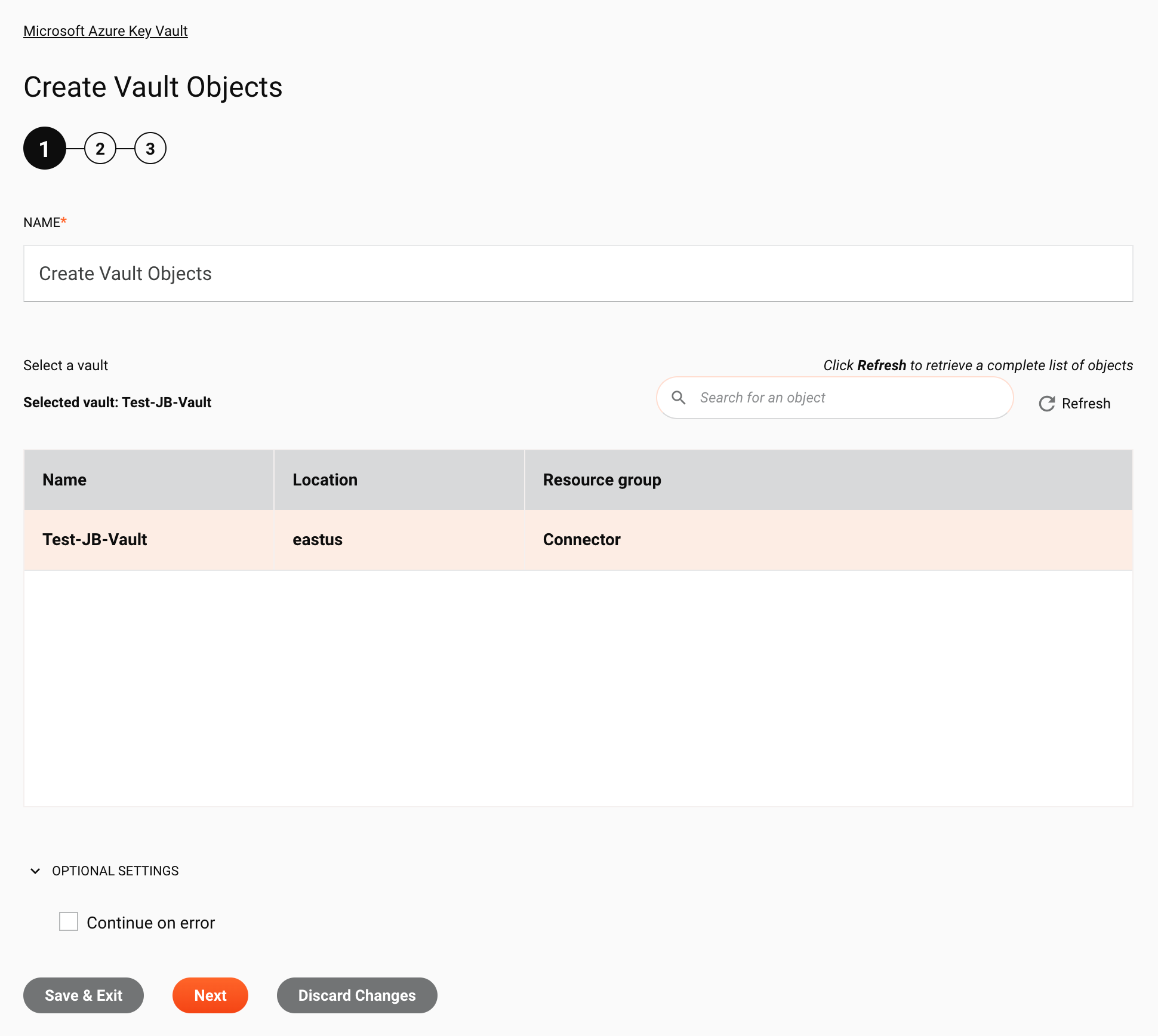 Etapa 1 da configuração de criação de objetos do Vault do Microsoft Azure Key Vault