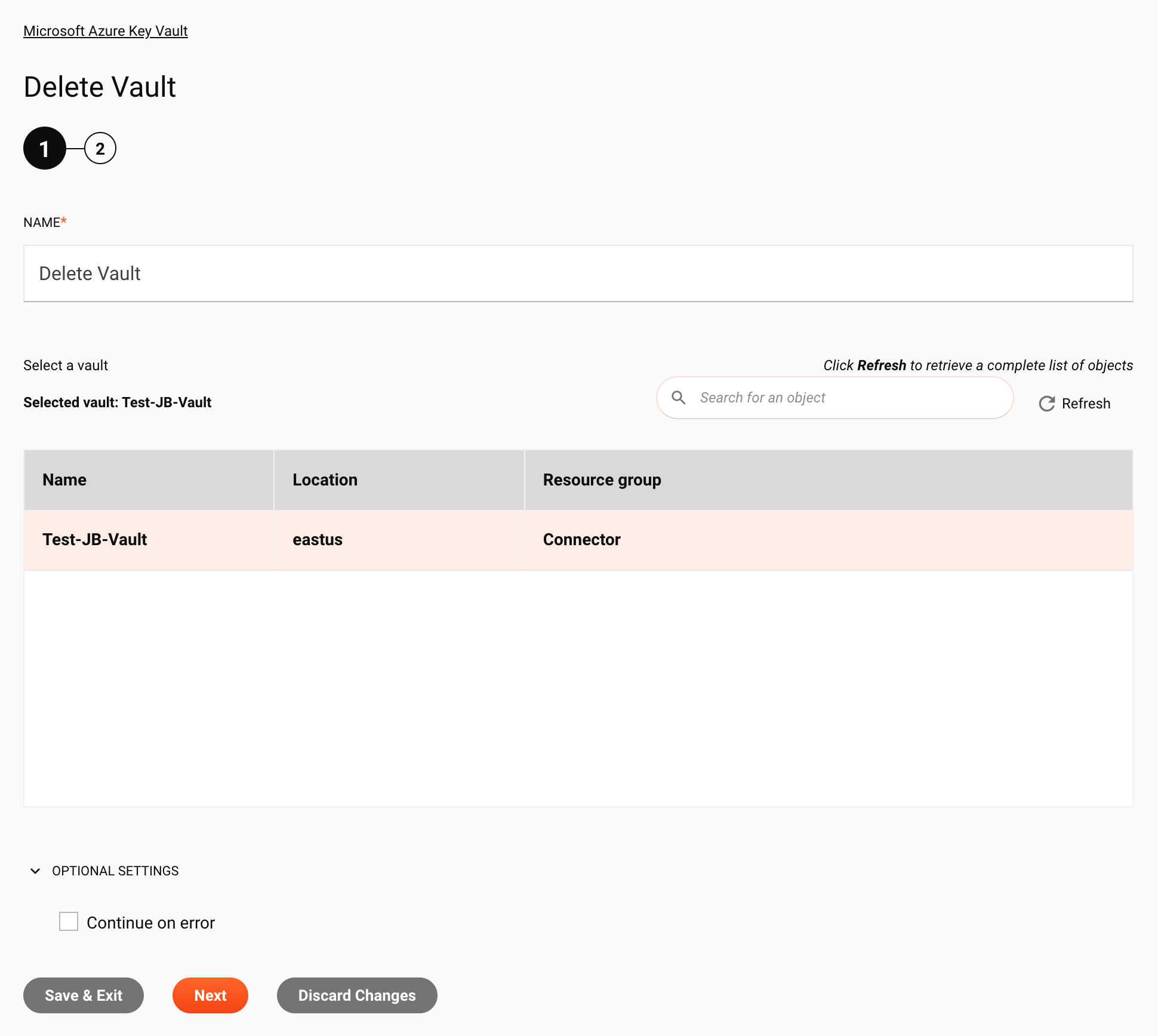 Microsoft Azure Key Vault Delete Vault configuration step 1