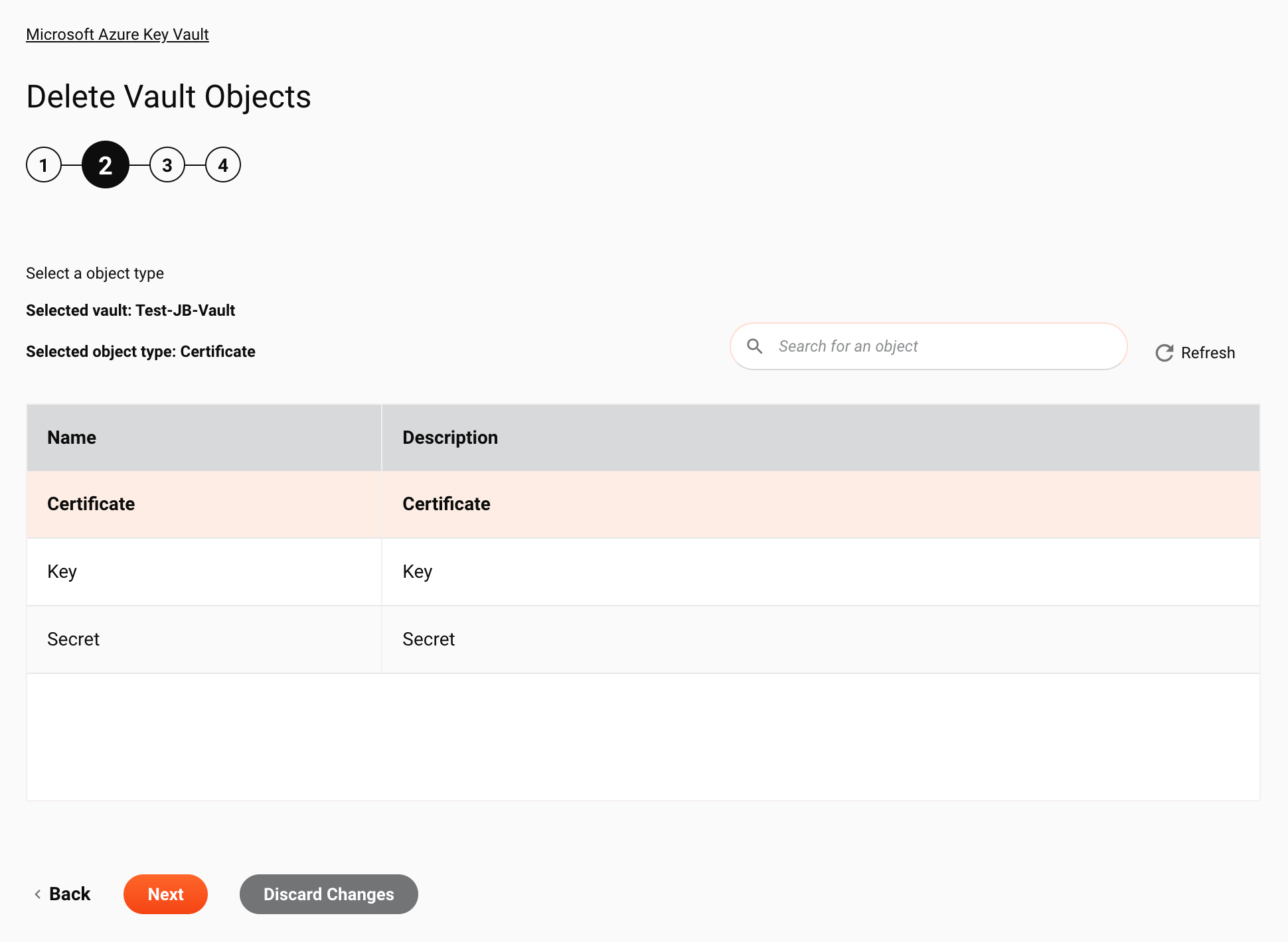 Microsoft Azure Key Vault Delete Vault Objects configuration step 2