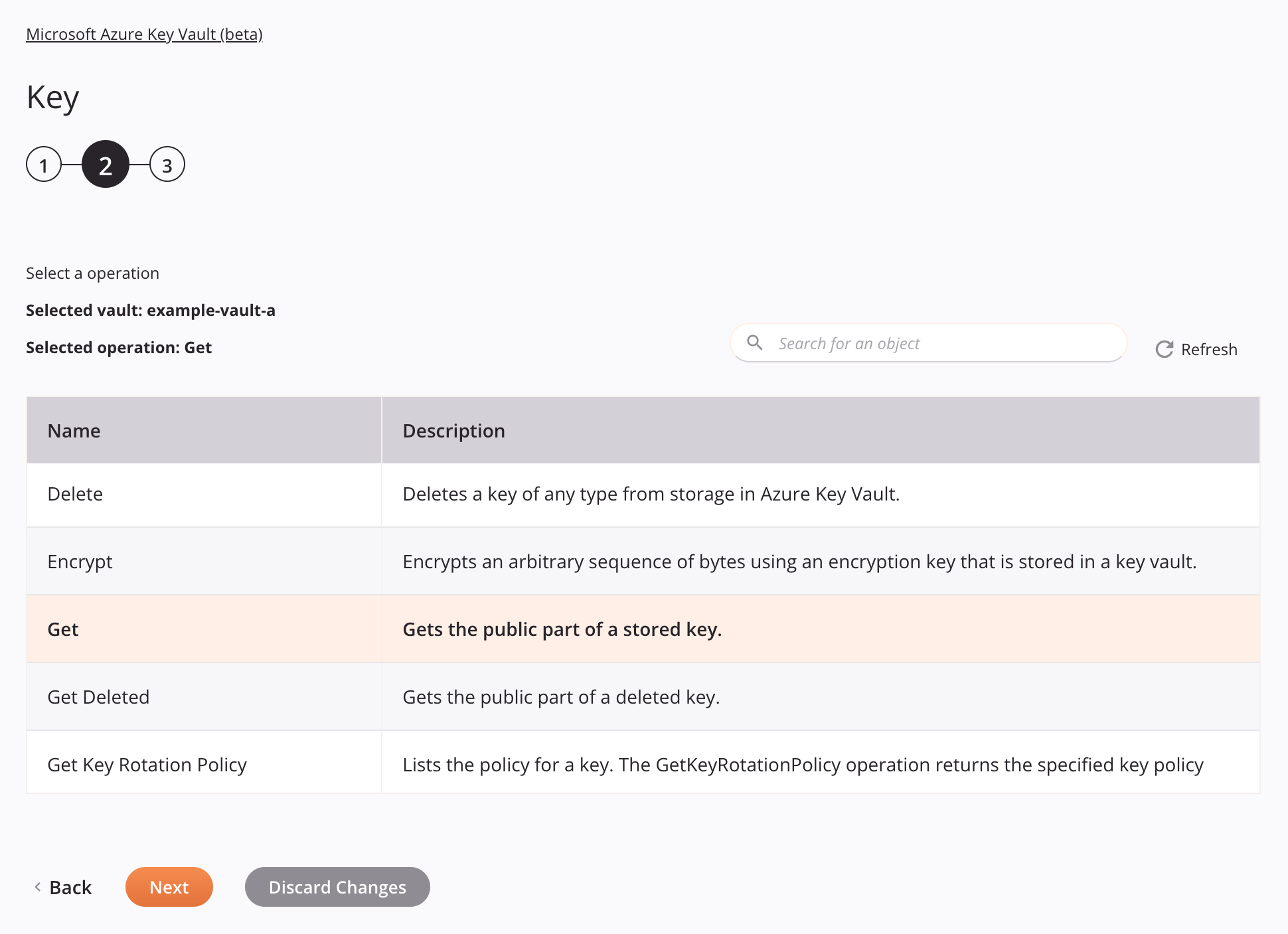 Microsoft Azure Key Vault Key activity configuration step 2