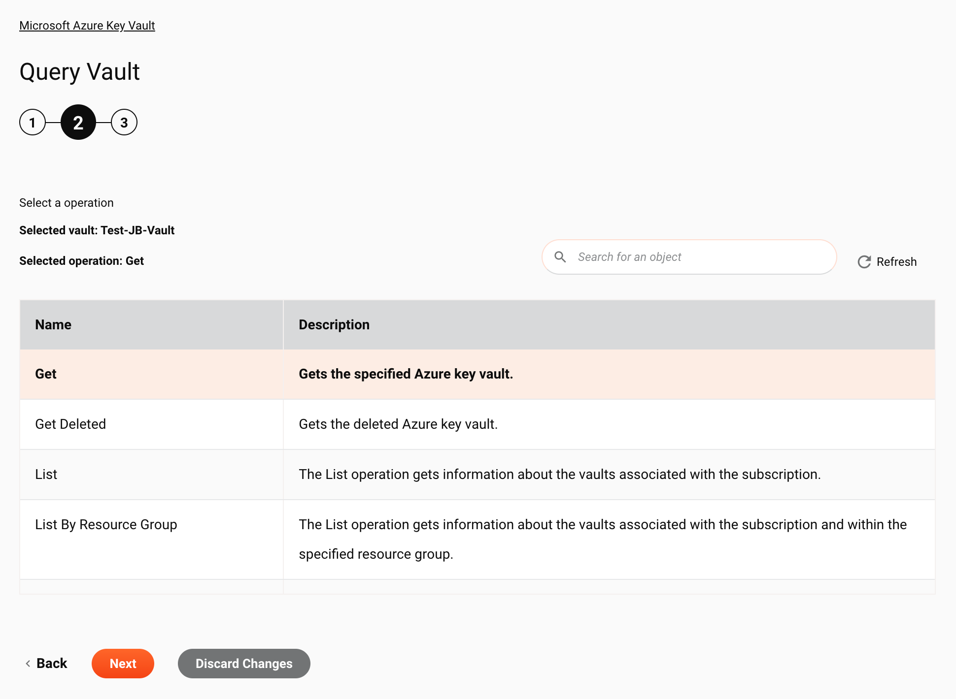 Paso 2 de la configuración de Query Vault de Microsoft Azure Key Vault