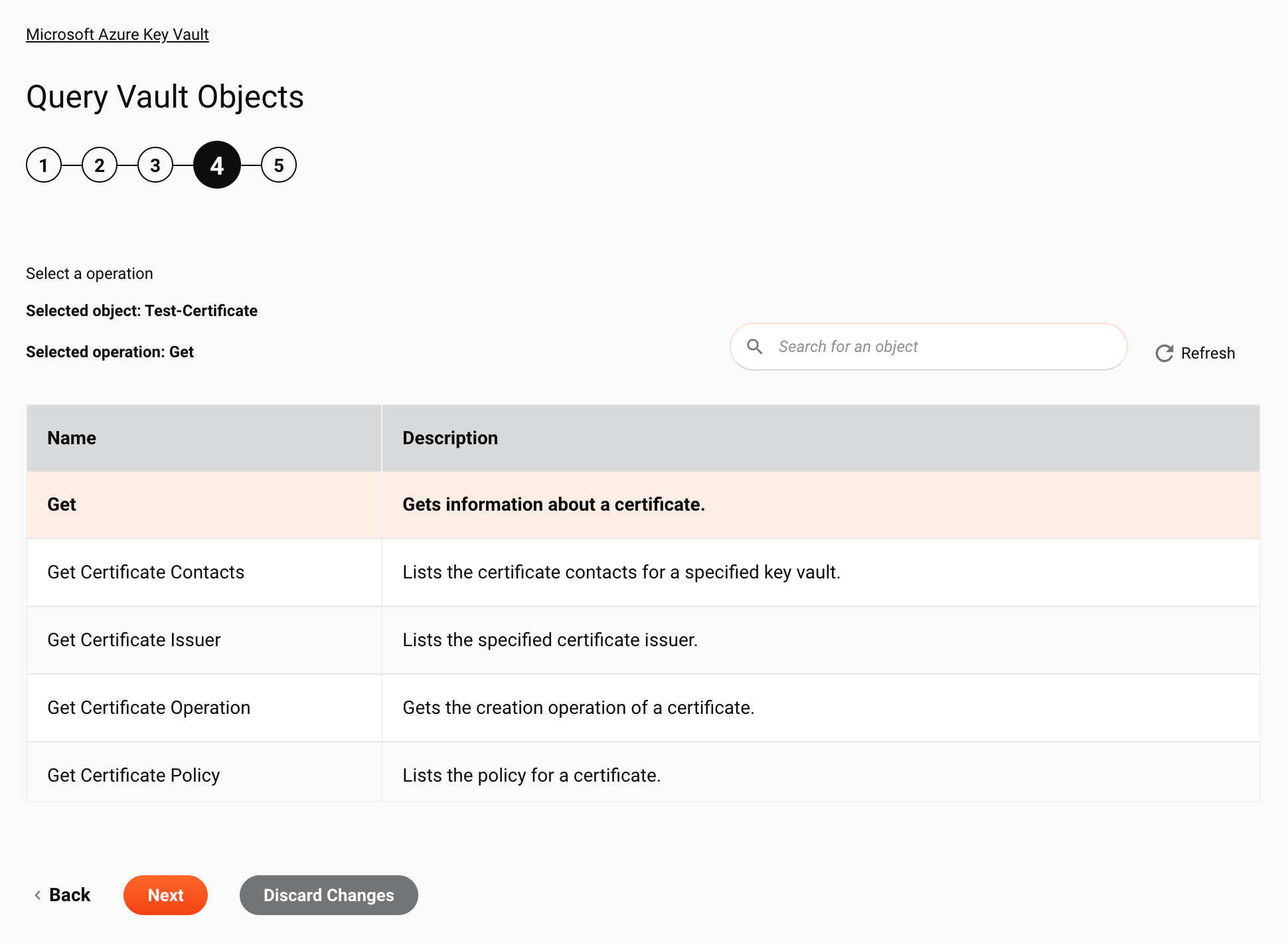 Paso 4 de configuración de objetos de almacén de consultas de Microsoft Azure Key Vault