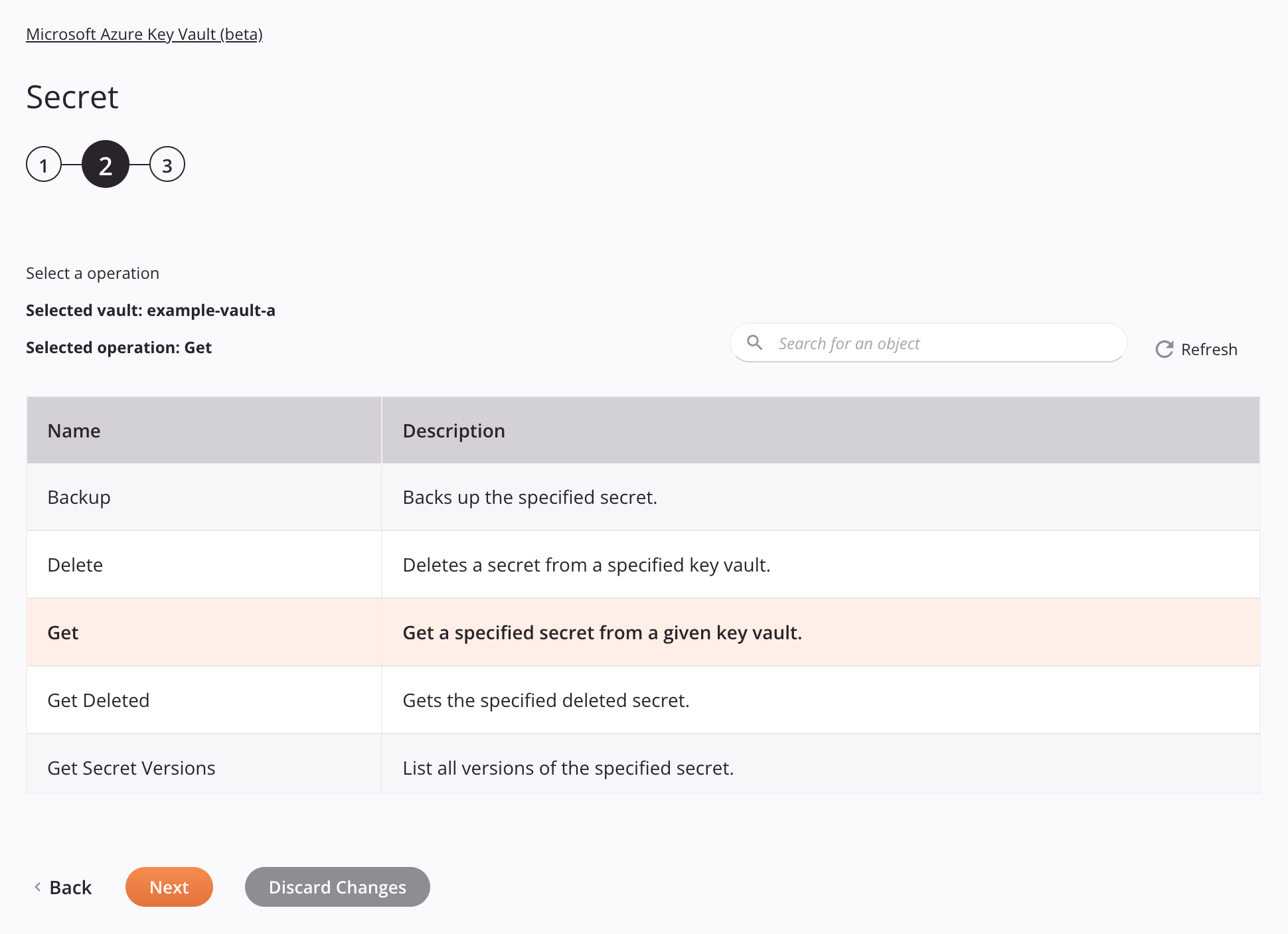 Paso 2 de configuración de la actividad secreta de Microsoft Azure Key Vault