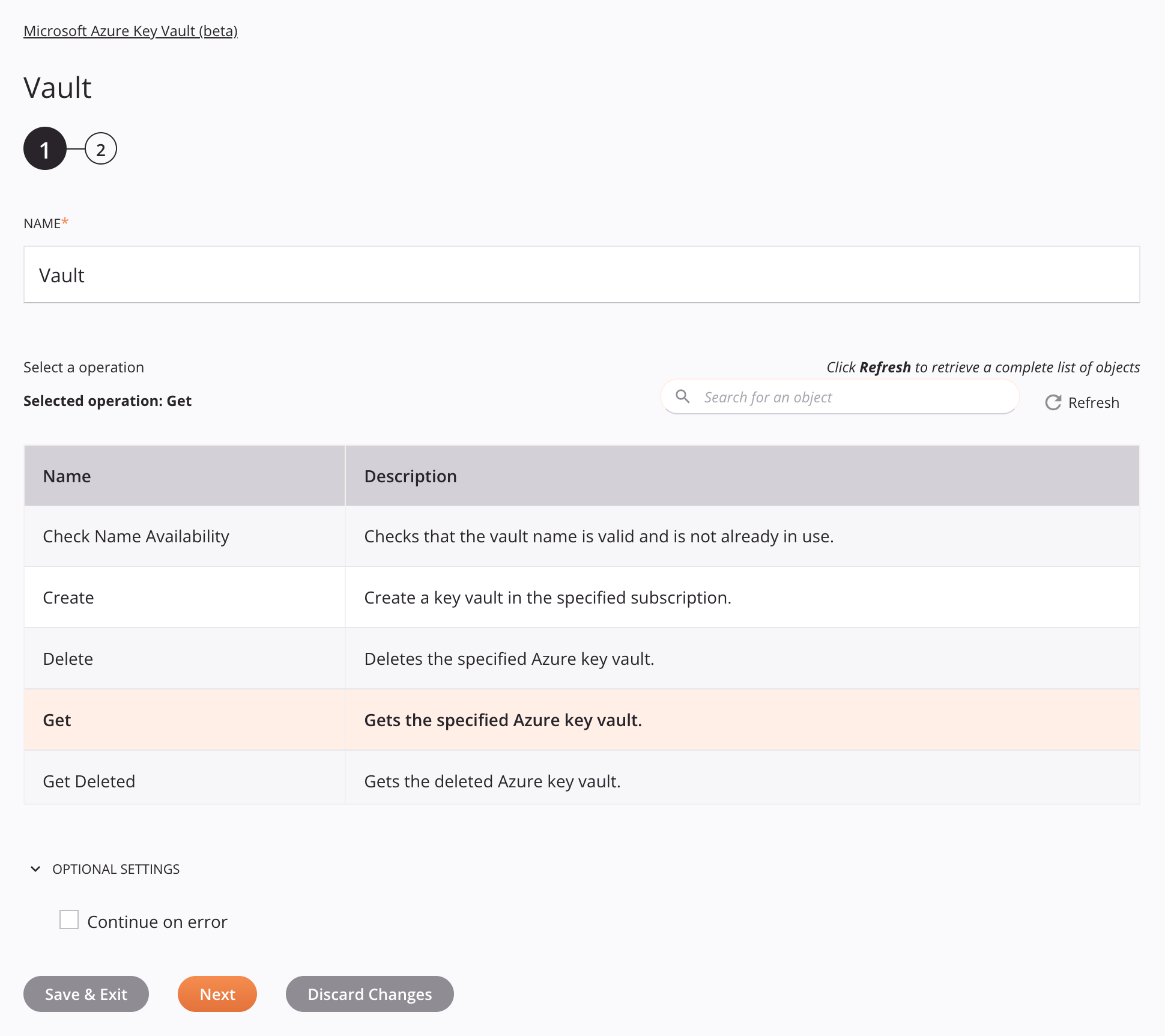 Microsoft Azure Key Vault Vault activity configuration step 1