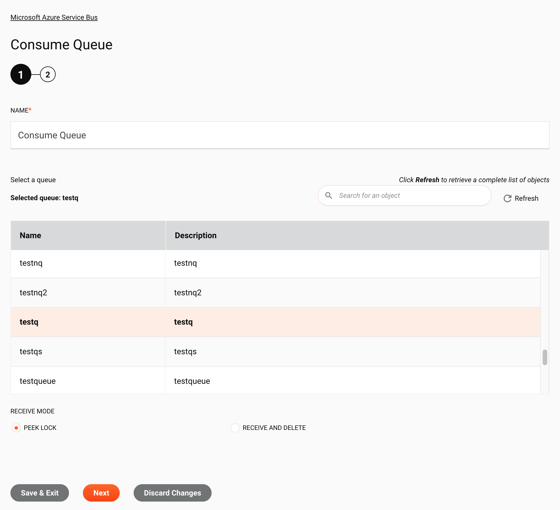 Paso 1 de configuración de la actividad de cola de consumo de Microsoft Azure Service Bus