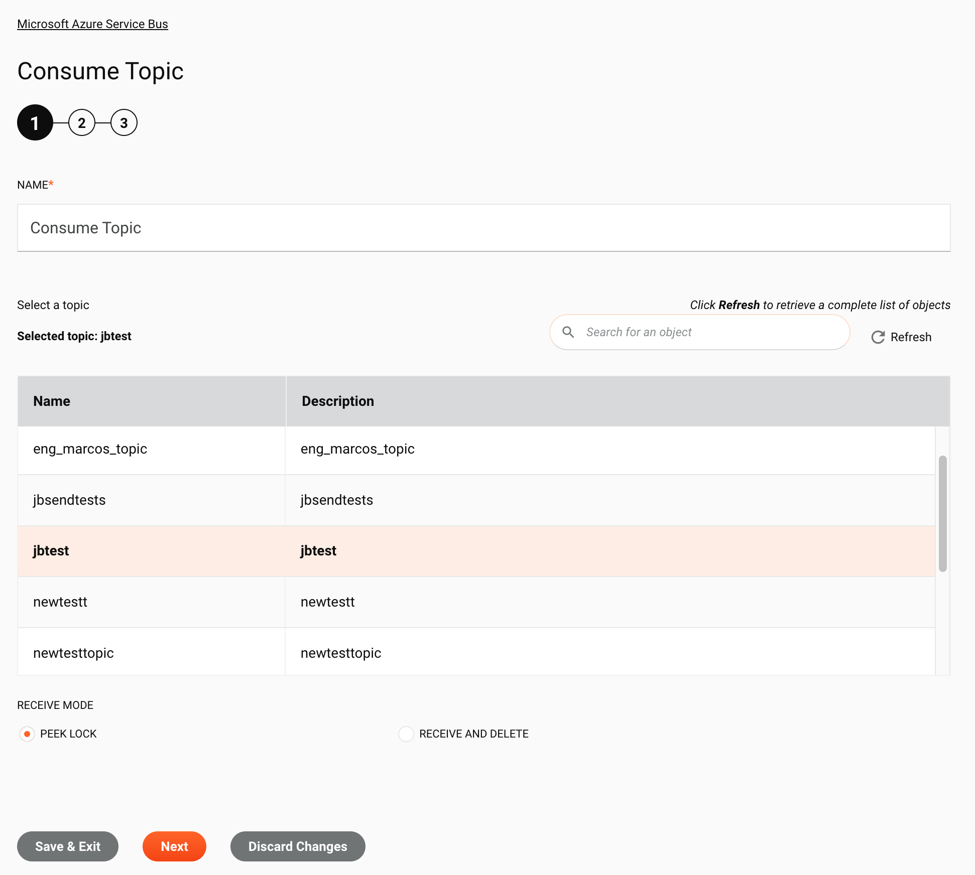 Paso 1 de configuración de la actividad de consumo de tema de Microsoft Azure Service Bus