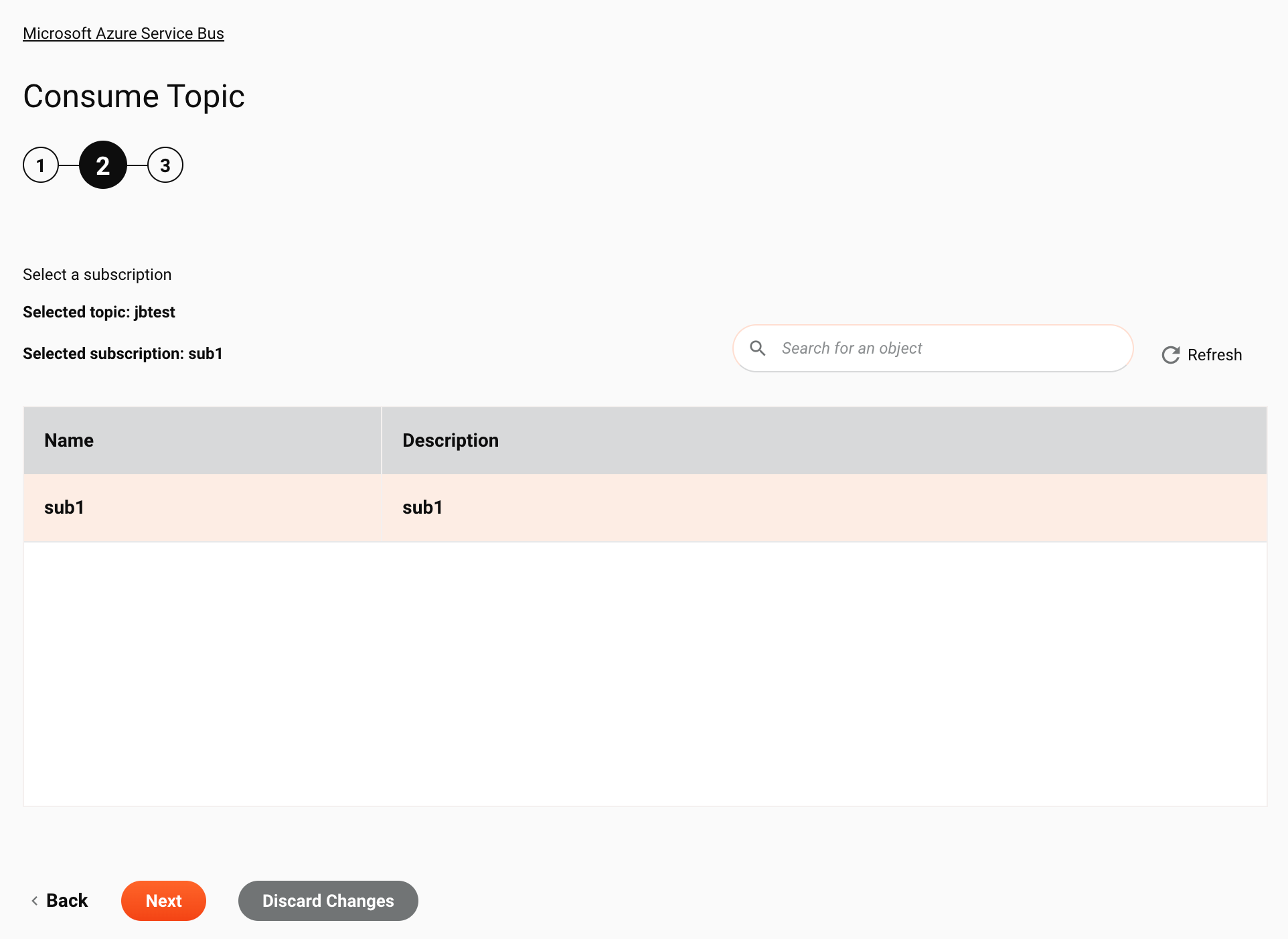 Paso 2 de configuración de la actividad de consumo de tema de Microsoft Azure Service Bus