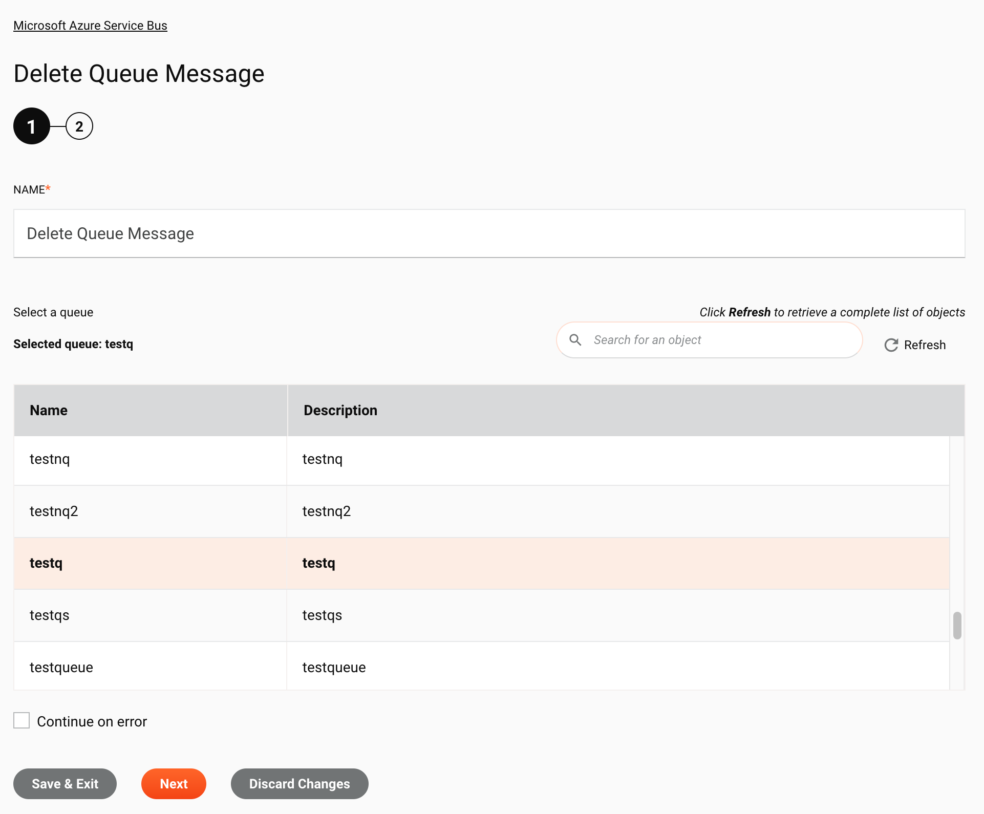 Paso 1 de la configuración de la actividad de eliminación de mensajes de cola de Microsoft Azure Service Bus