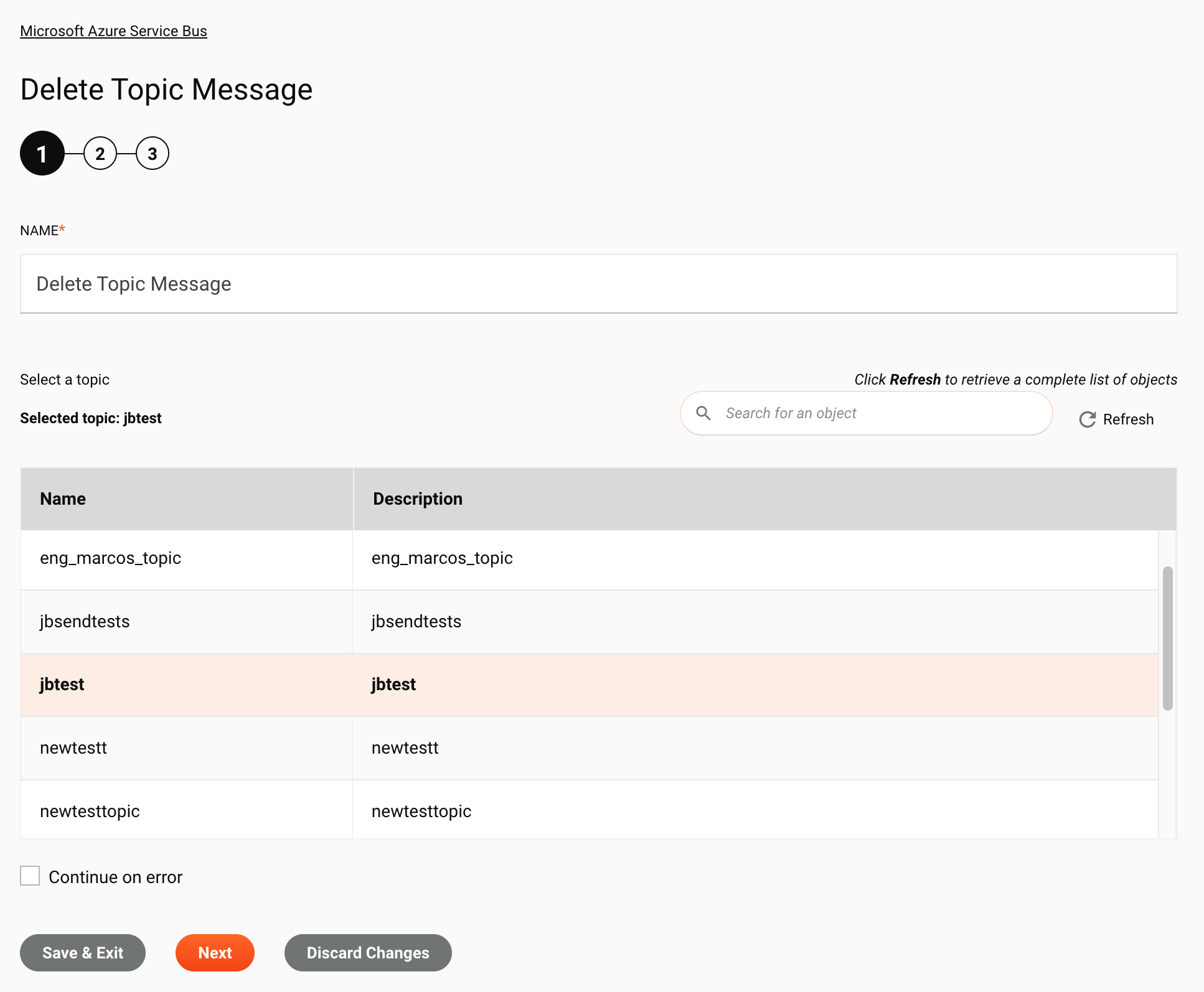 Microsoft Azure Service Bus Delete Topic Message activity configuration step 1