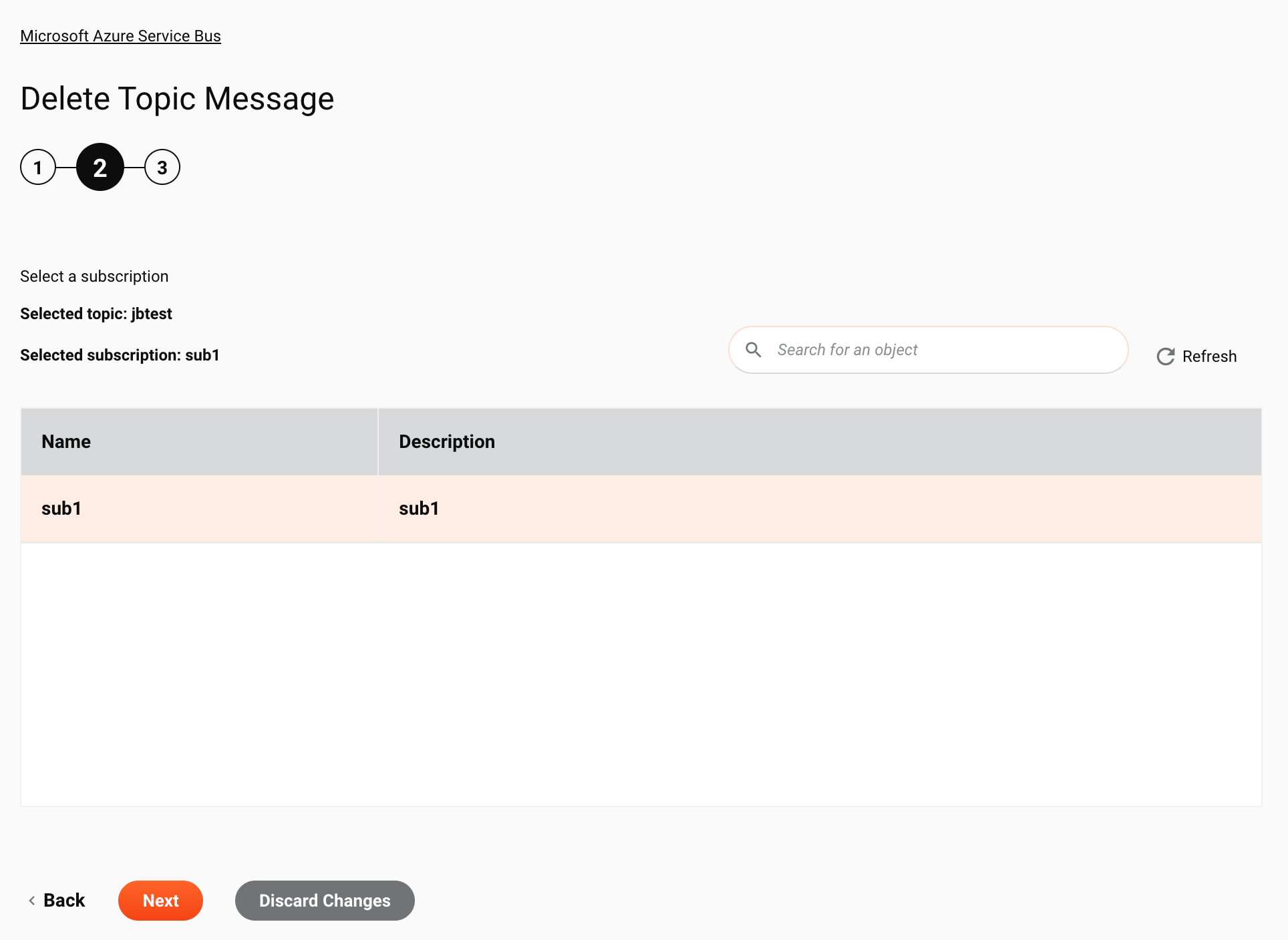 Paso 2 de la configuración de la actividad de eliminación de mensajes de tema de Microsoft Azure Service Bus