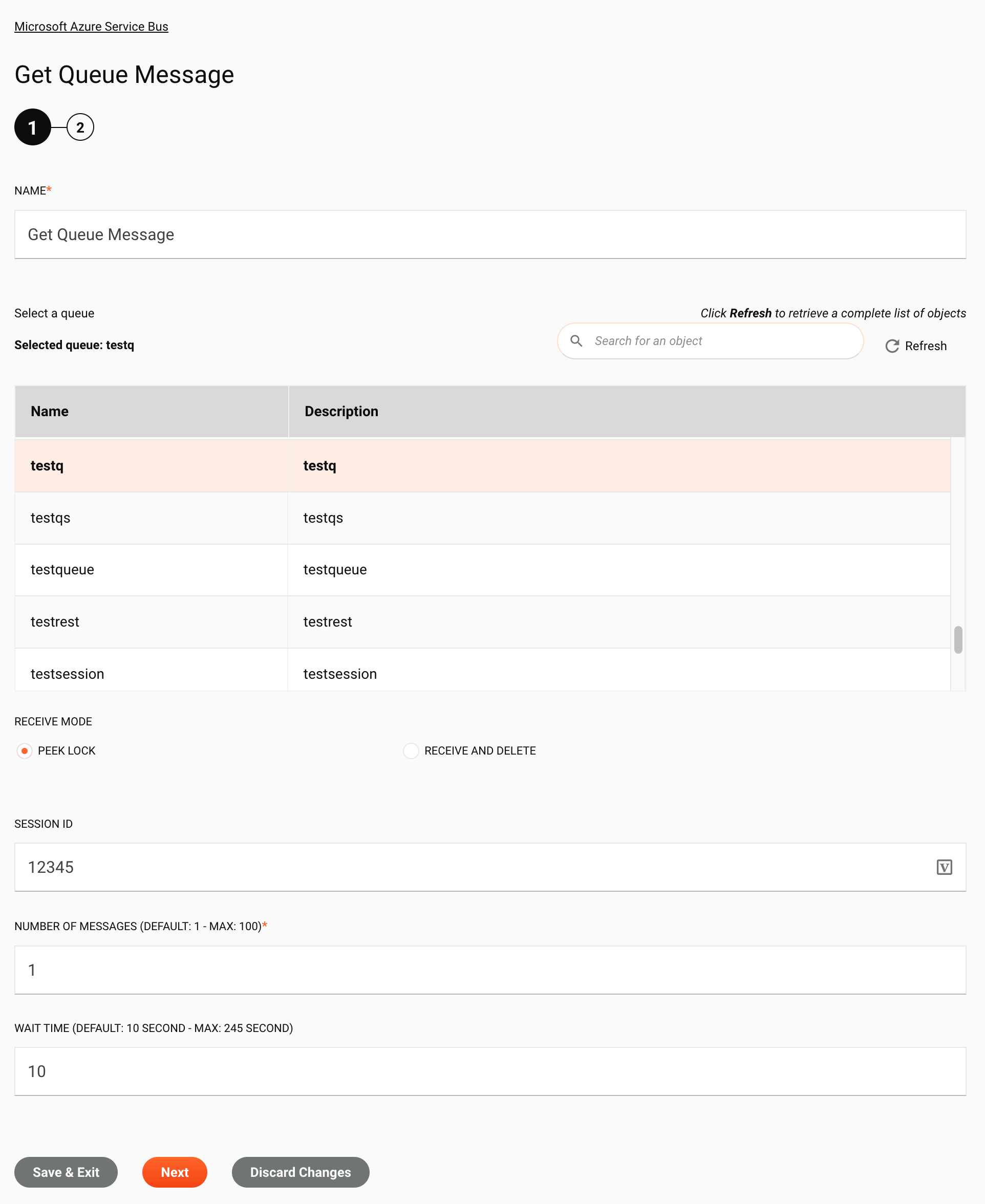 Paso 1 de configuración de la actividad Obtener mensaje de cola de Microsoft Azure Service Bus