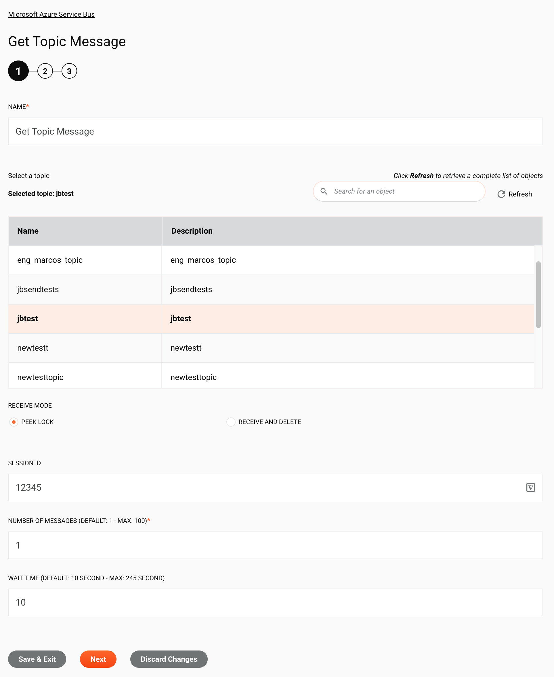 Paso 1 de configuración de la actividad Obtener mensaje de tema de Microsoft Azure Service Bus