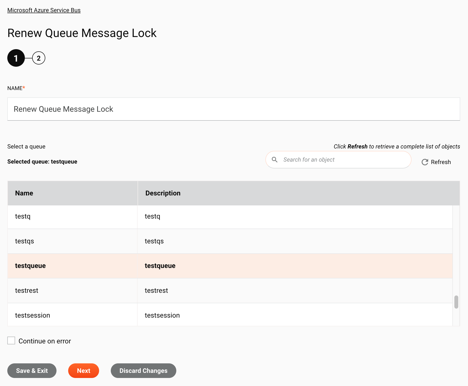 Etapa 1 da configuração da atividade de bloqueio de mensagem de fila de renovação do Microsoft Azure Service Bus