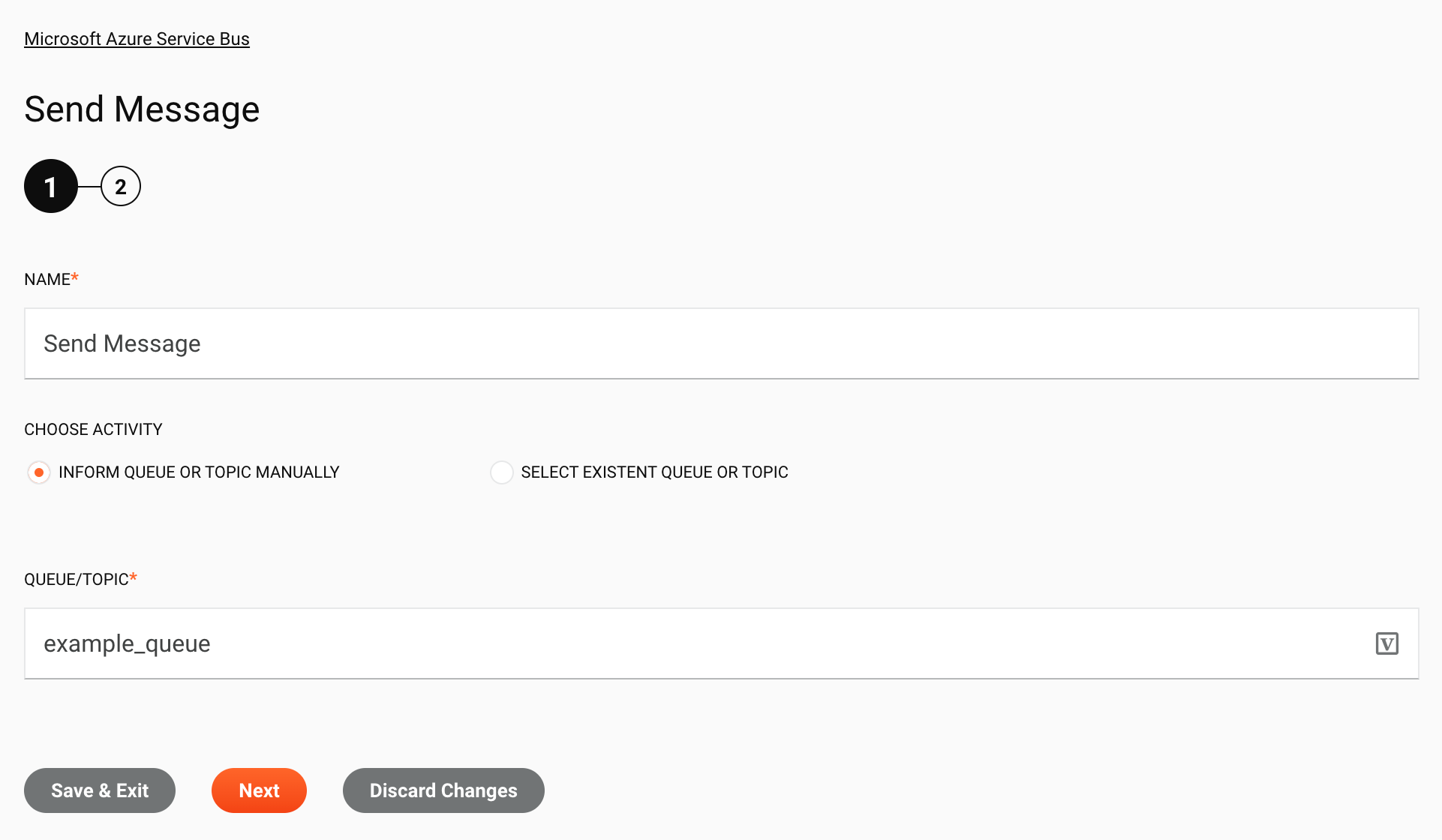 Microsoft Azure Service Bus Send Message activity configuration step 1