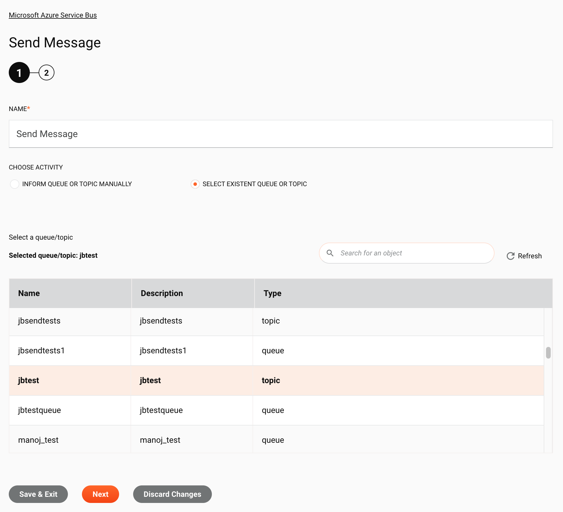 Paso 1b de configuración de la actividad de envío de mensajes de Microsoft Azure Service Bus