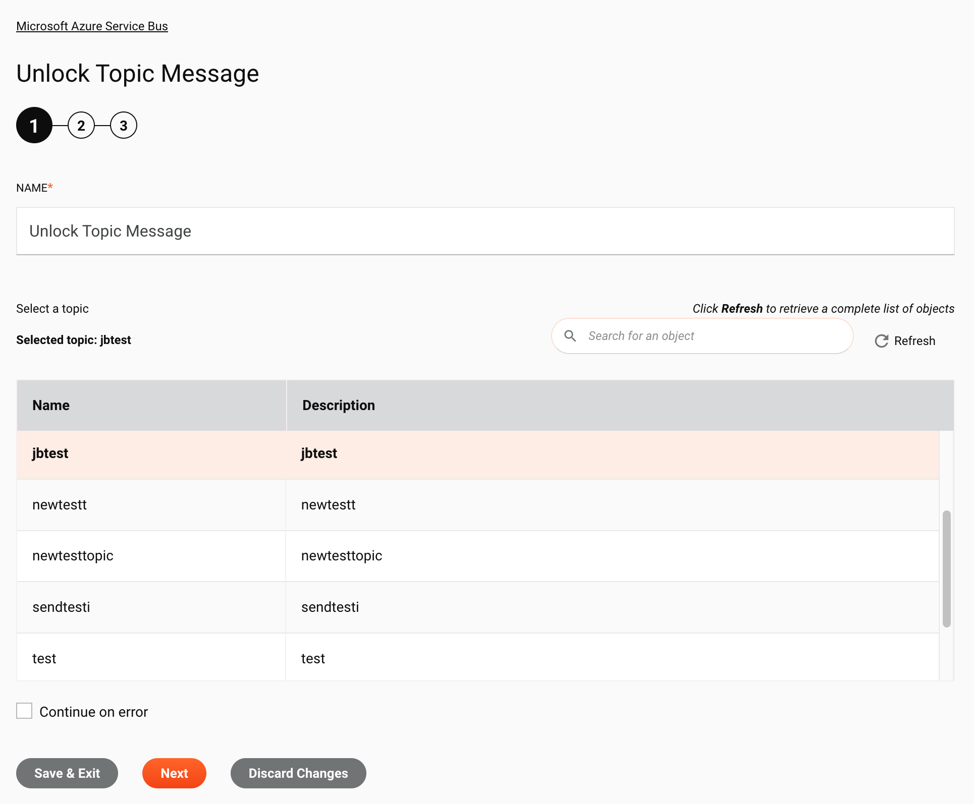 Paso 1 de la configuración de la actividad del mensaje de tema de desbloqueo de Microsoft Azure Service Bus