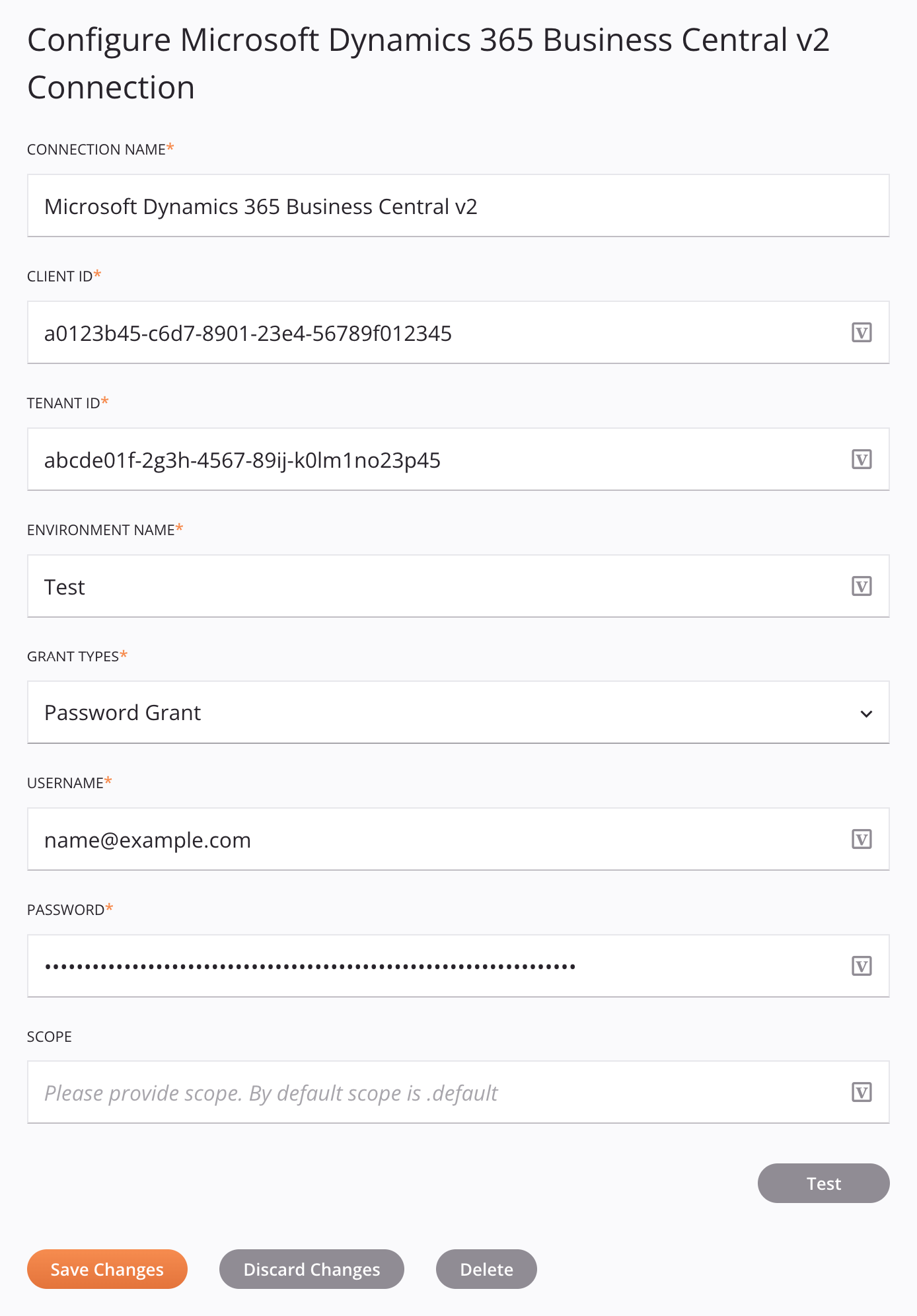 Configuração de conexão do Microsoft Dynamics 365 Business Central v2