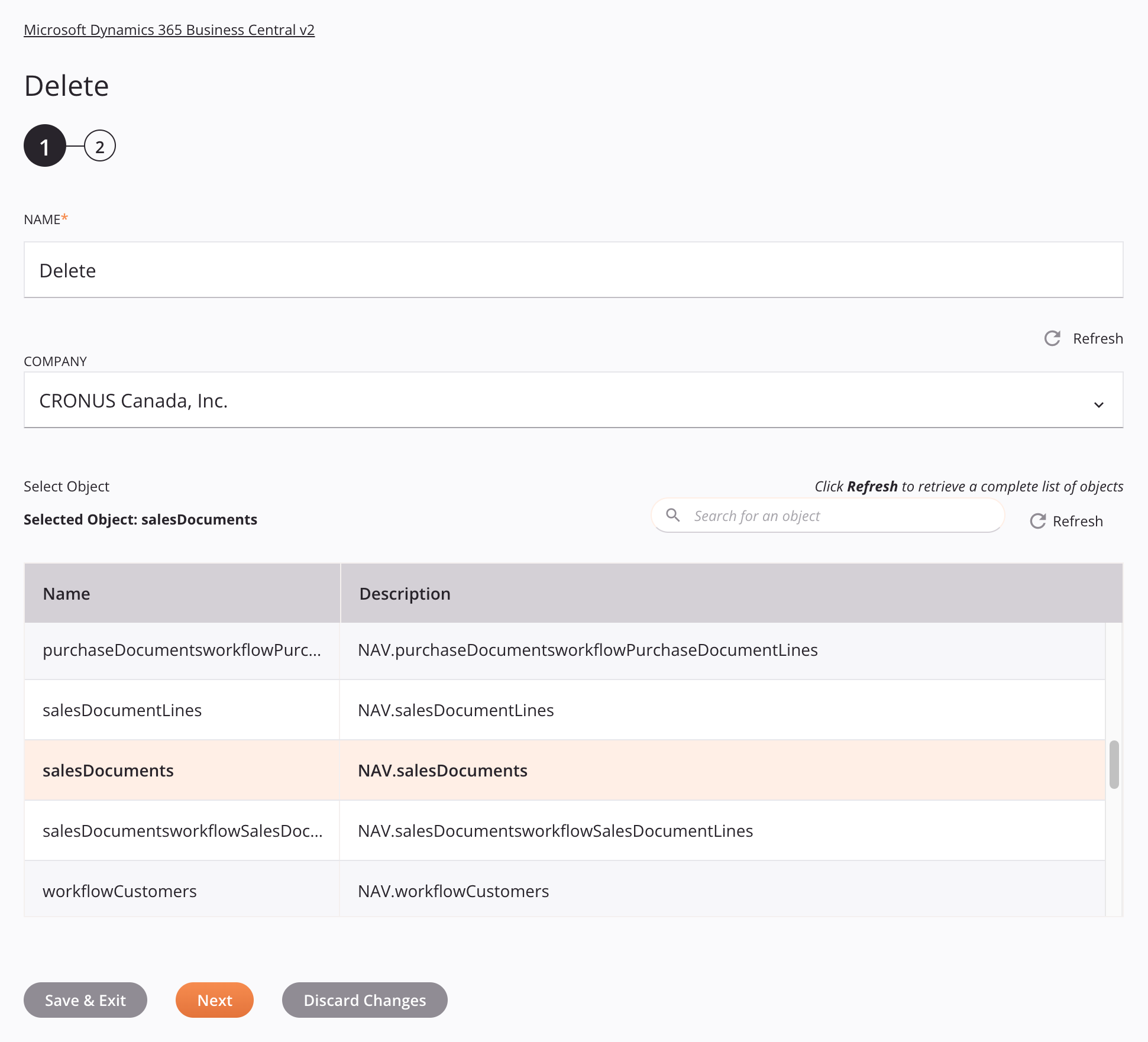 Microsoft Dynamics 365 Business Central v2 (beta) Configuración de actividad de eliminación, paso 1