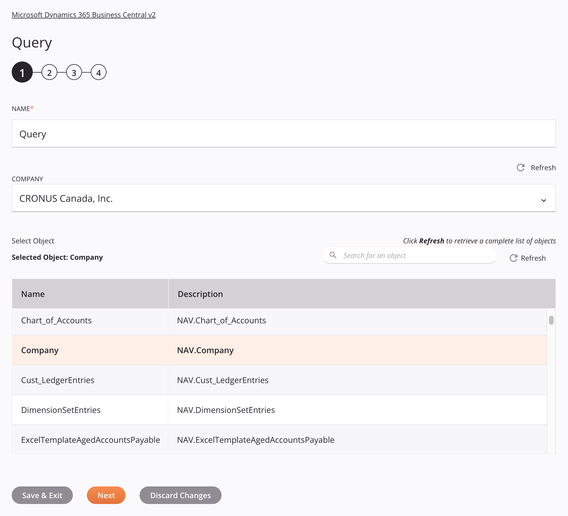 Etapa 1 da configuração da atividade de consulta do Microsoft Dynamics 365 Business Central v2