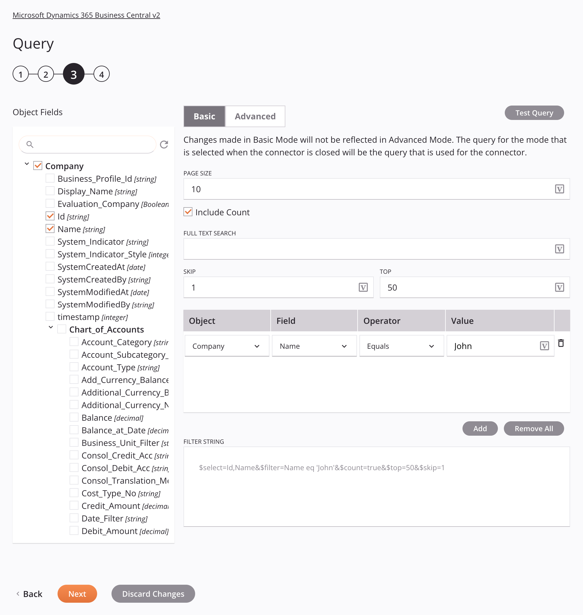 Paso 3 de configuración de la actividad de consulta de Microsoft Dynamics 365 Business Central v2