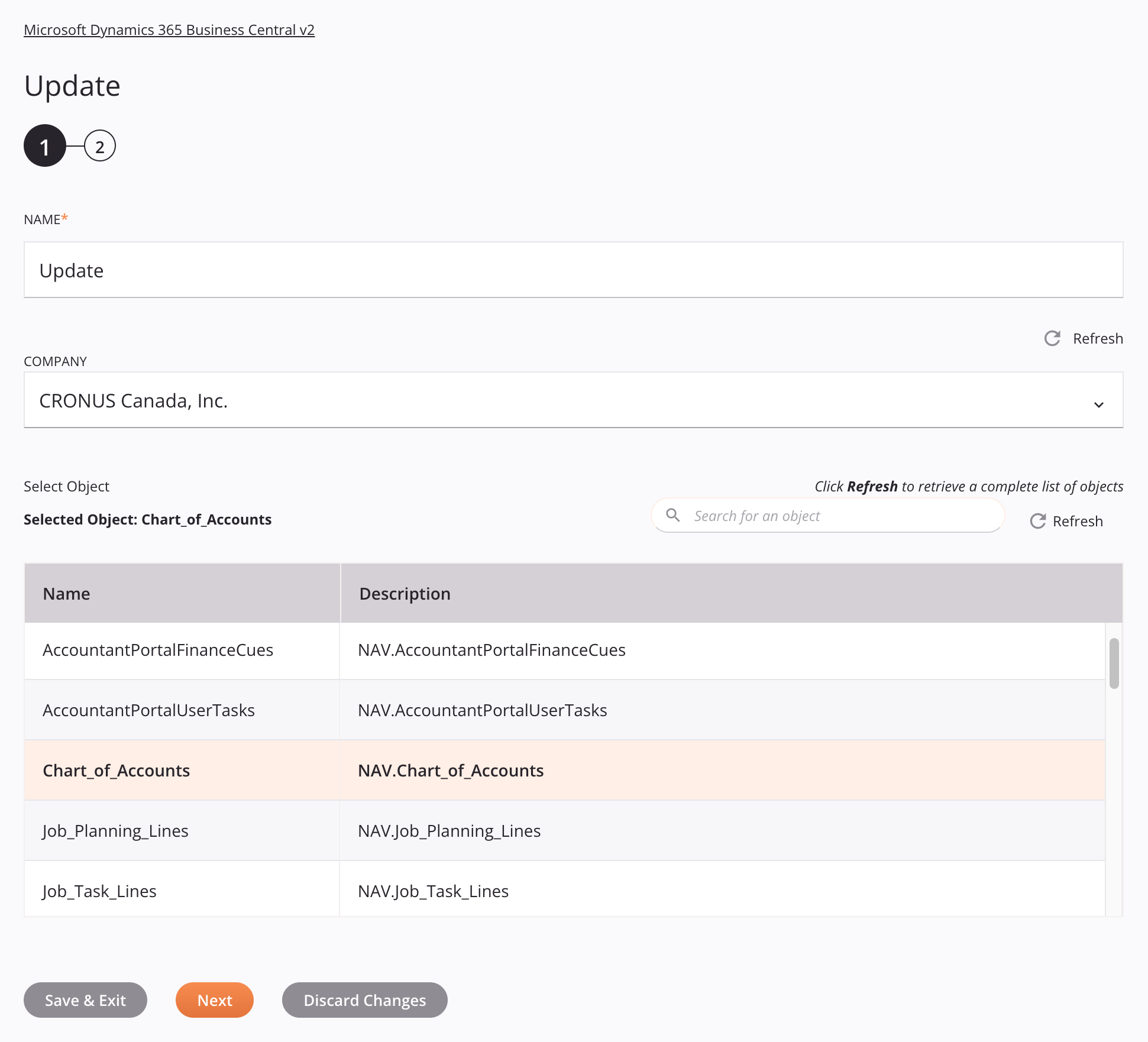 Etapa 1 da configuração da atividade de atualização do Microsoft Dynamics 365 Business Central v2 (beta)