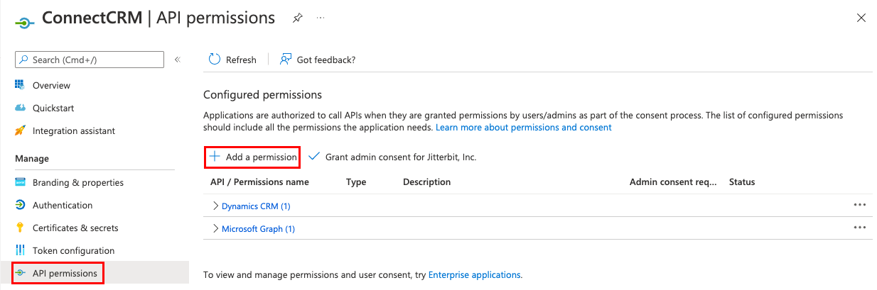 permissões de api do Azure adicionar permissão