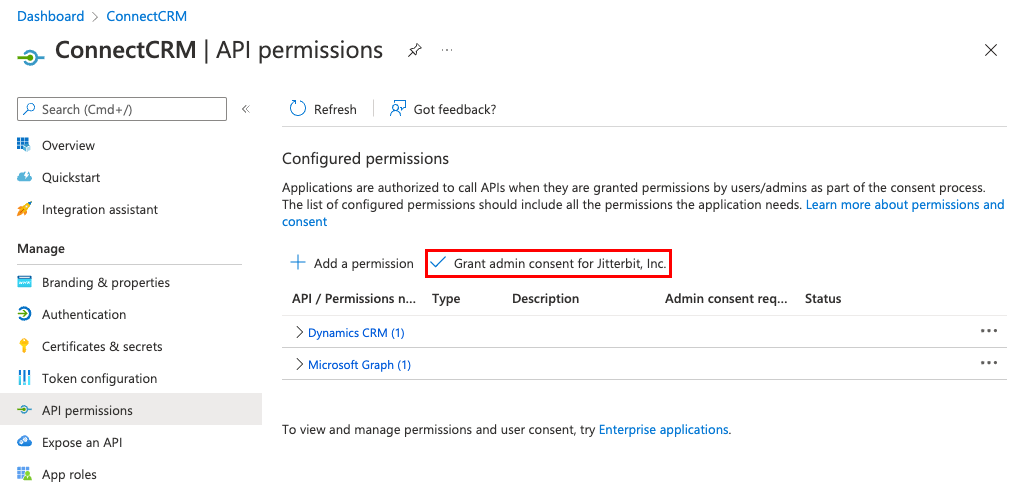 Consentimento de administrador de concessão do Microsoft Dynamics CRM