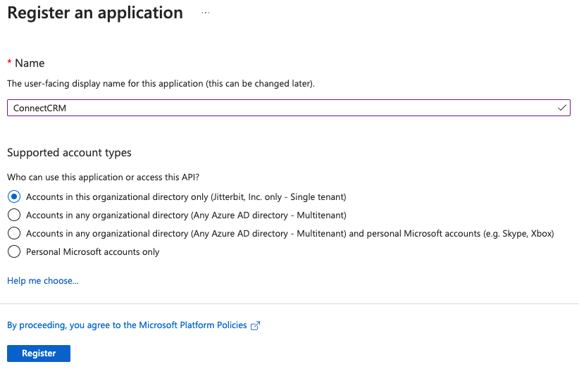 Azure register an application