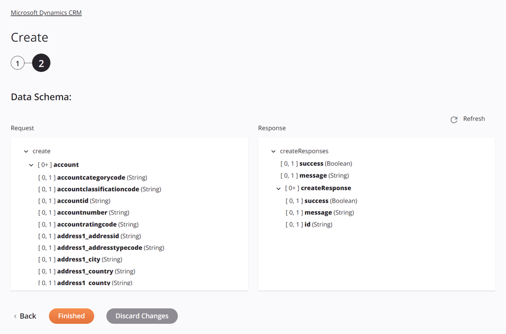 Paso 2 de configuración de actividad de creación de Microsoft Dynamics CRM