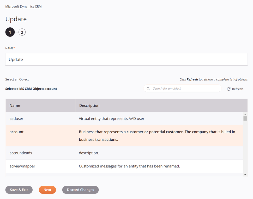 Paso 1 de configuración de la actividad de actualización de Microsoft Dynamics CRM