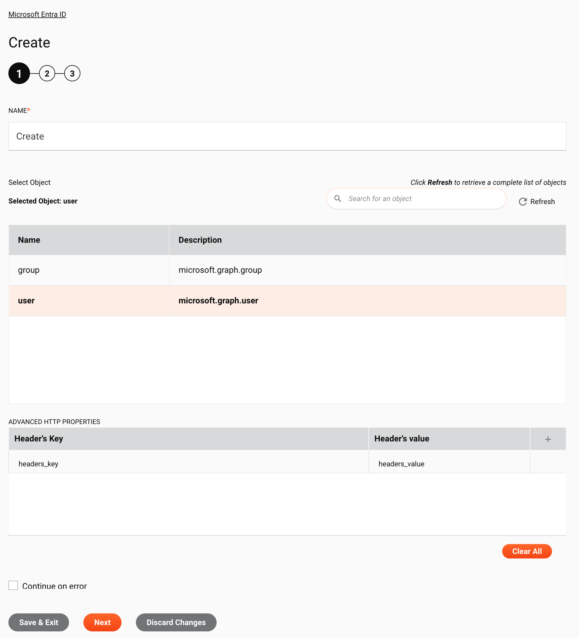 Paso 1 de la configuración de la actividad de creación de Microsoft Entra ID