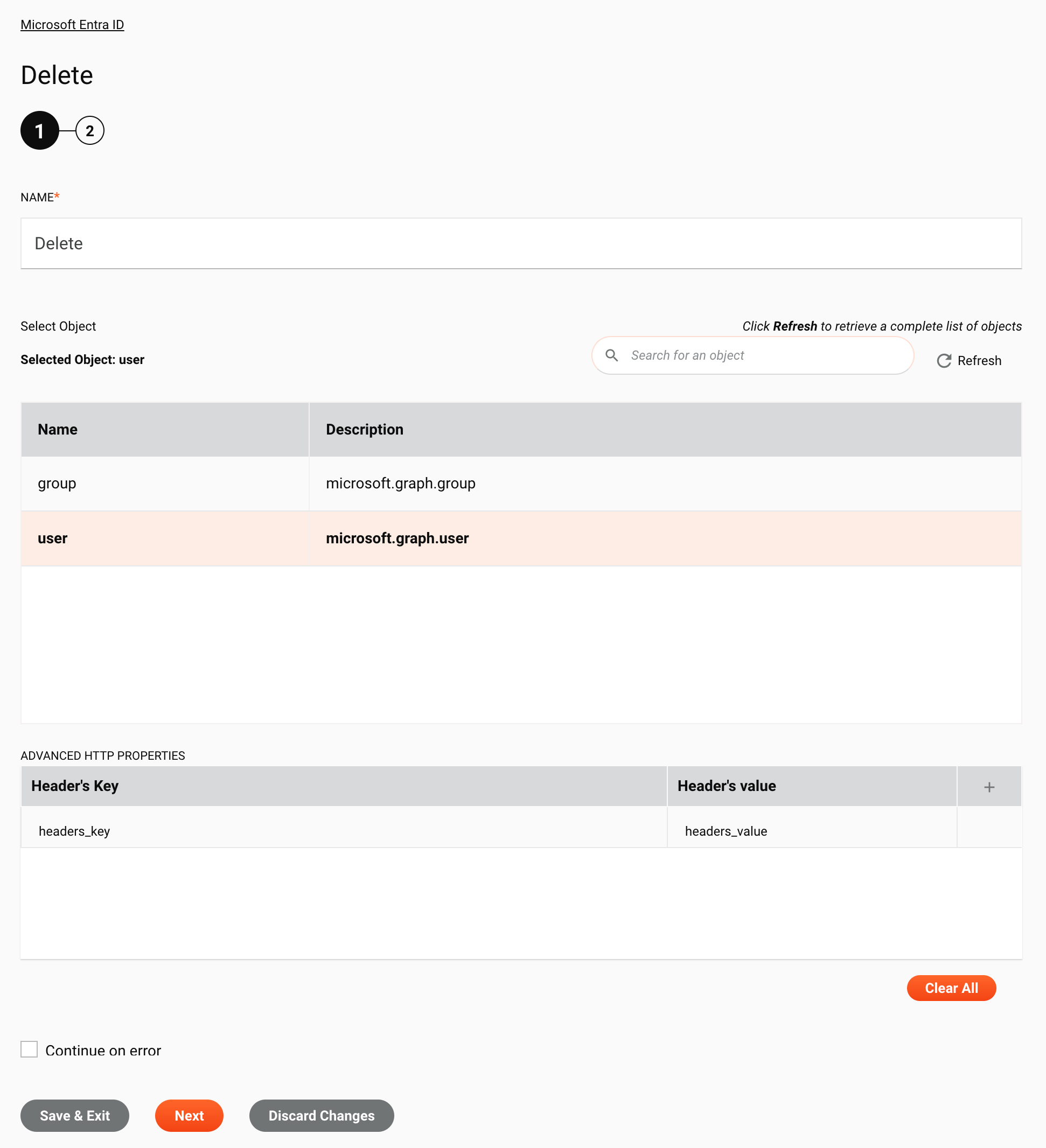 Paso 1 de la configuración de la actividad de eliminación de Microsoft Entra ID