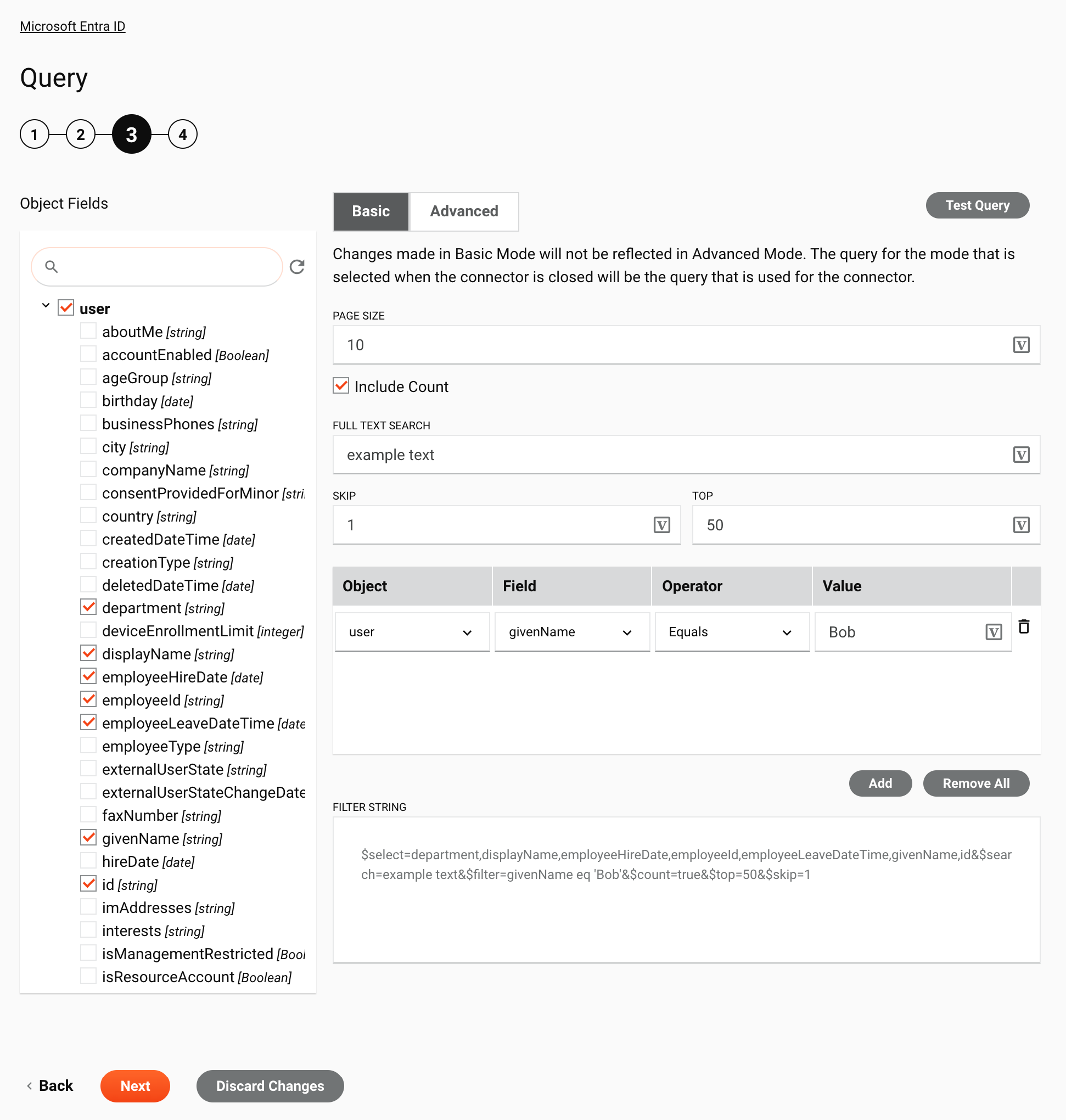 Microsoft Entra ID Query activity configuration step 3 basic