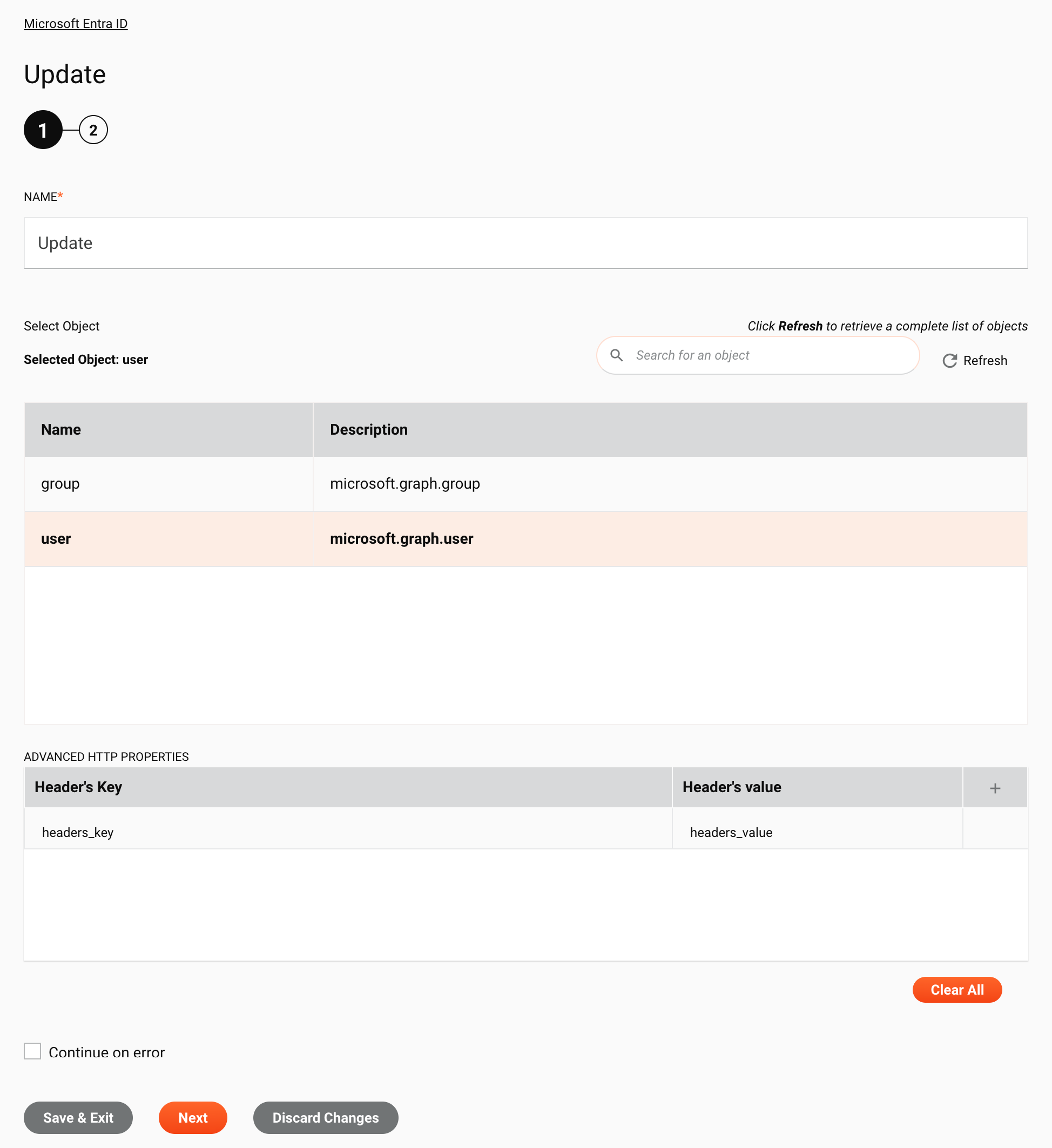 Paso 1 de la configuración de la actividad de actualización de Microsoft Entra ID