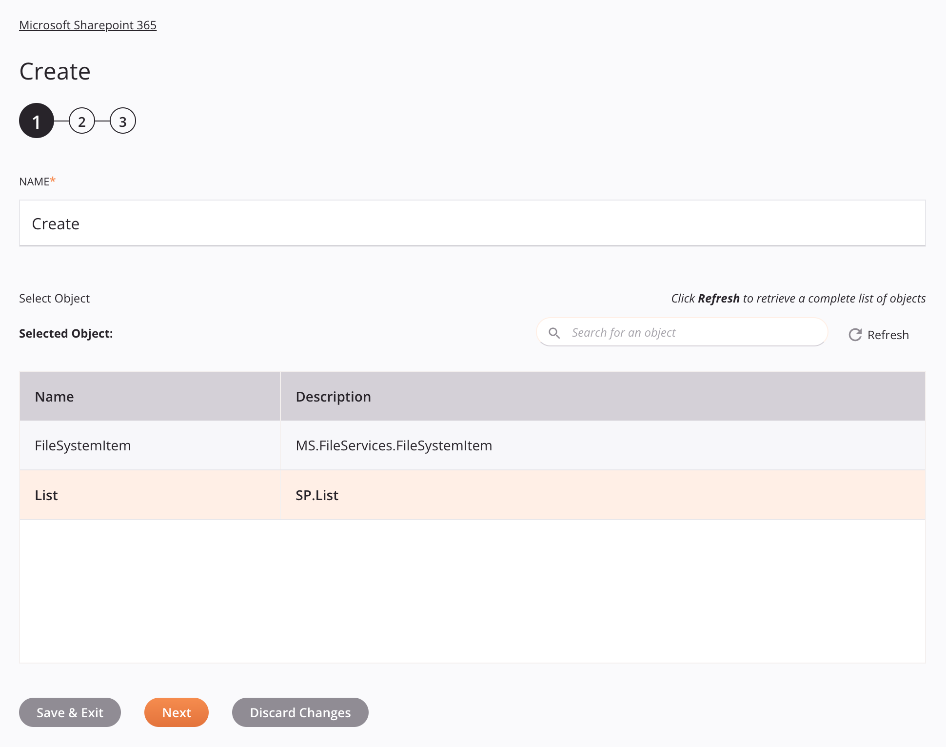 Paso 1 de configuración de actividad de creación de Microsoft SharePoint 365