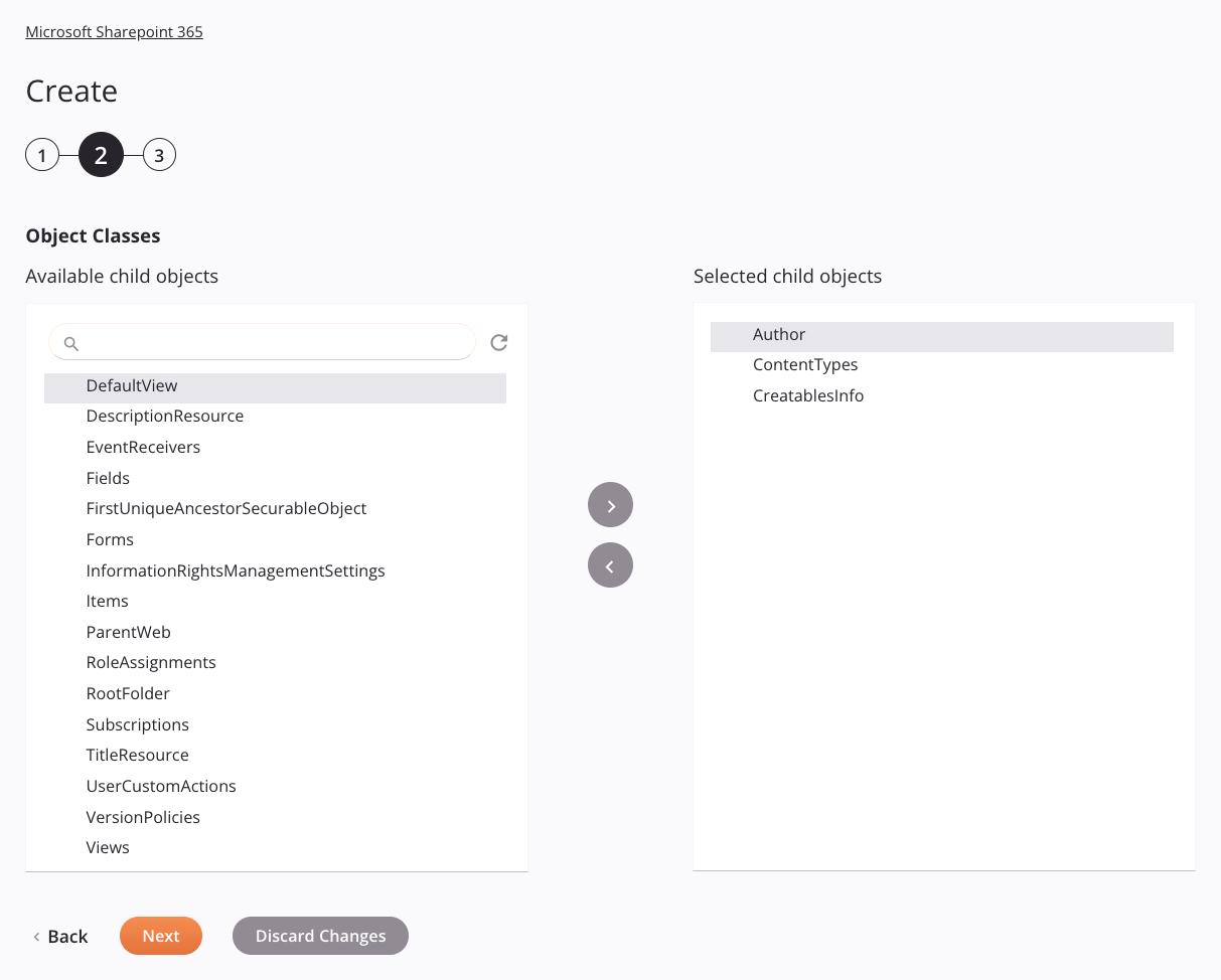 Paso 2 de configuración de actividad de creación de Microsoft SharePoint 365