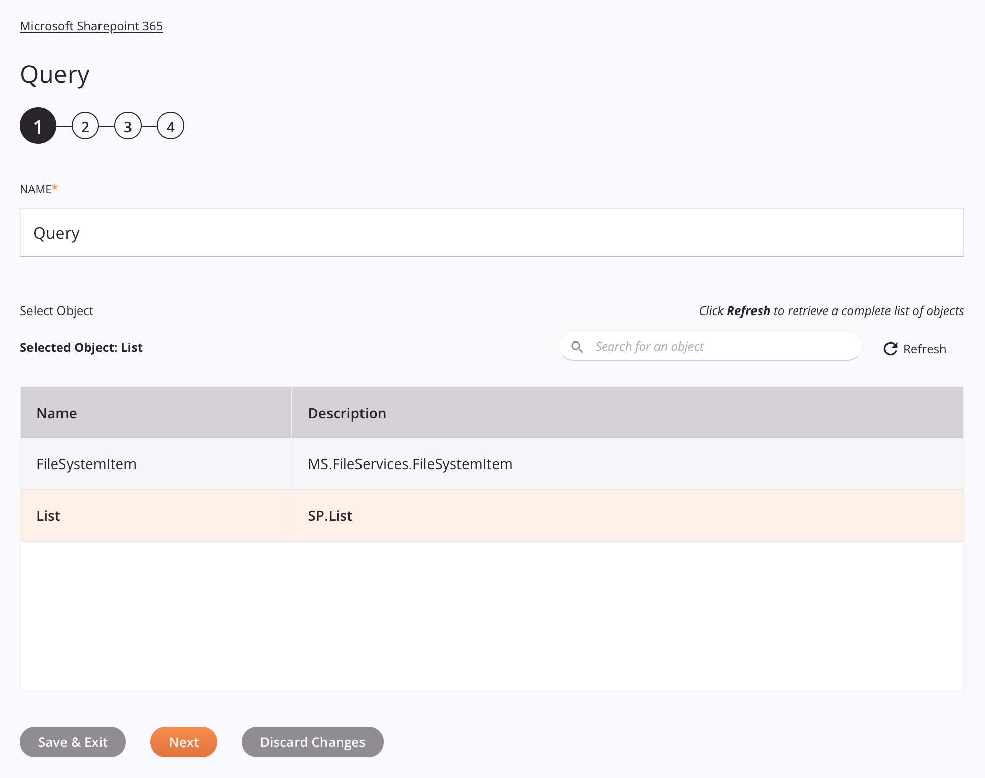 Paso 1 de configuración de actividad de creación de Microsoft SharePoint 365