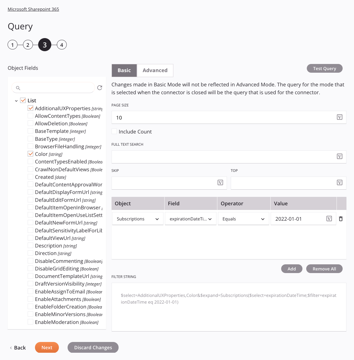 Configuración básica de la actividad de consulta de Microsoft SharePoint 365, paso 3